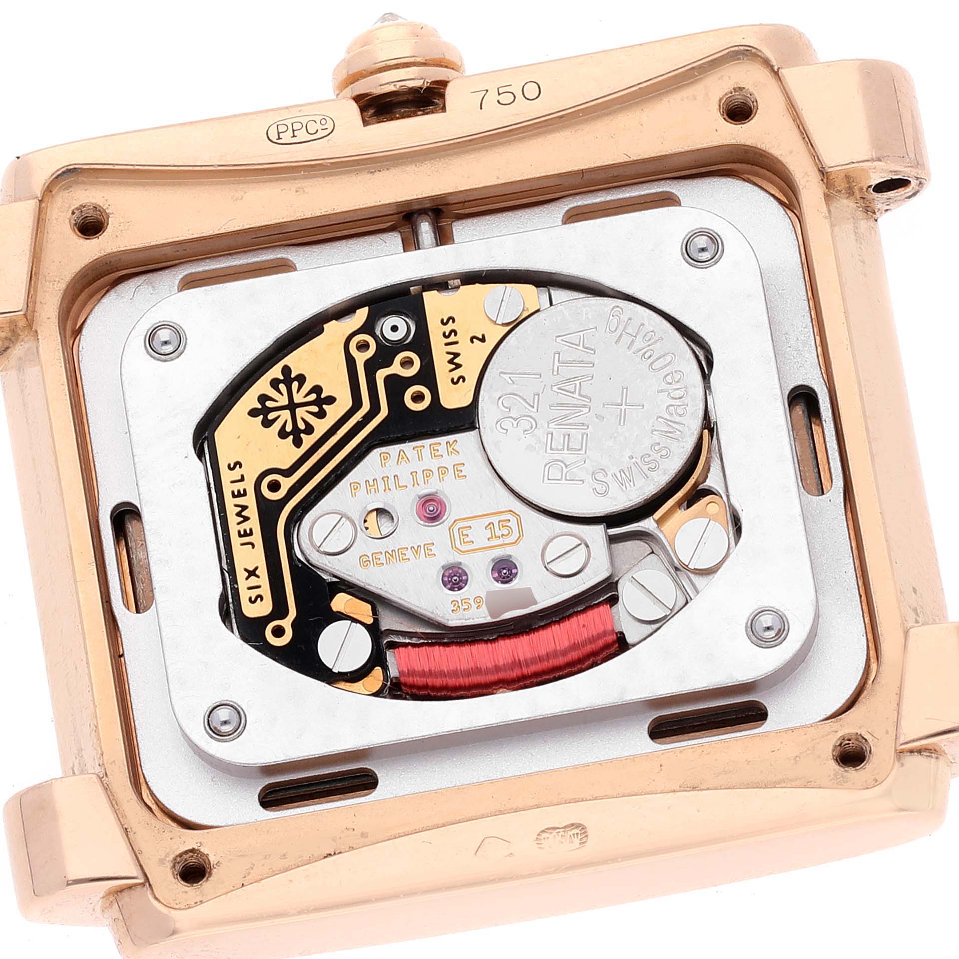 The image shows the back of a Patek Philippe Twenty-4 4910/11R Women's Rose Gold Brown Dial 4910/11R Women's Rose Gold Brown Dial model watch, revealing its internal mechanism.