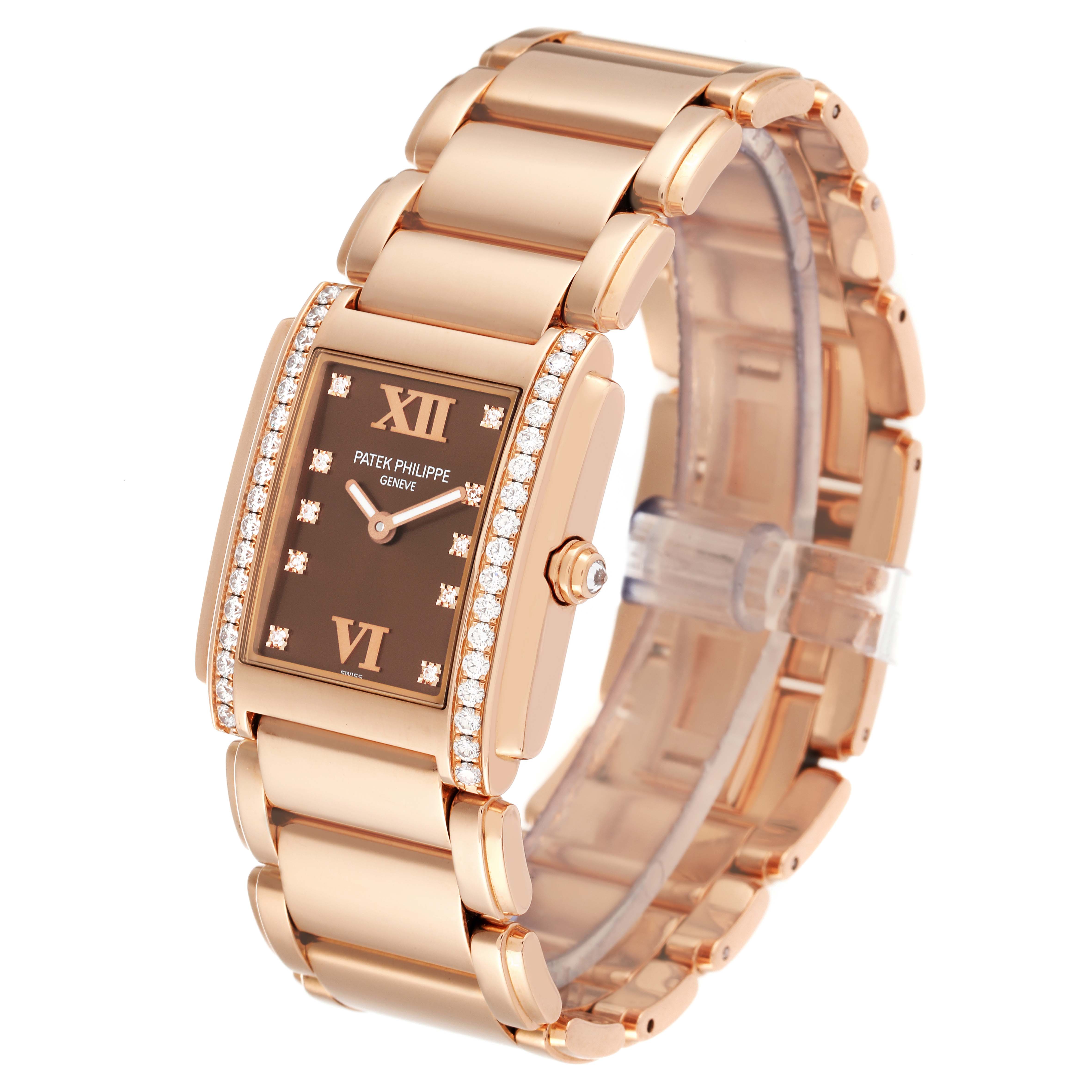 This image shows a Patek Philippe Twenty-4 4910/11R Women's Rose Gold Brown Dial 4910/11R Women's Rose Gold Brown Dial watch at an angle, highlighting its bracelet, rectangular dial, and diamond-encrusted bezel.