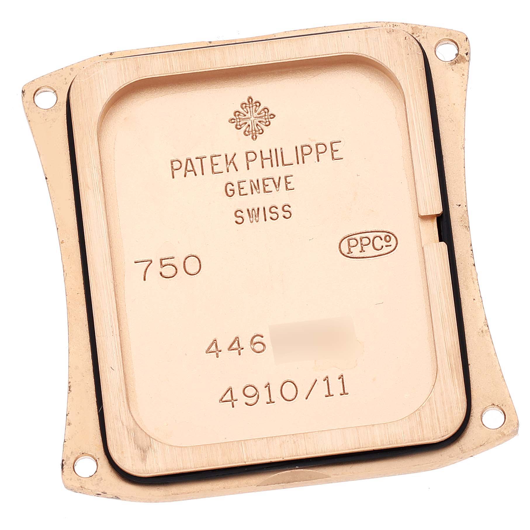 The image shows the case back of a Patek Philippe Twenty-4 4910/11R Women's Rose Gold Brown Dial 4910/11R Women's Rose Gold Brown Dial model watch.