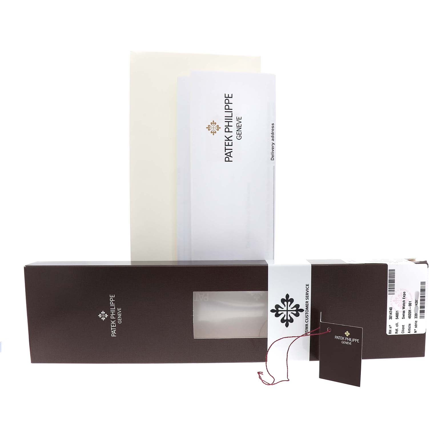 The image shows packaging and documents for a Patek Philippe Twenty-4 4920R-001 Women's Rose Gold Brown Dial watch, including the box, tag, and an envelope.