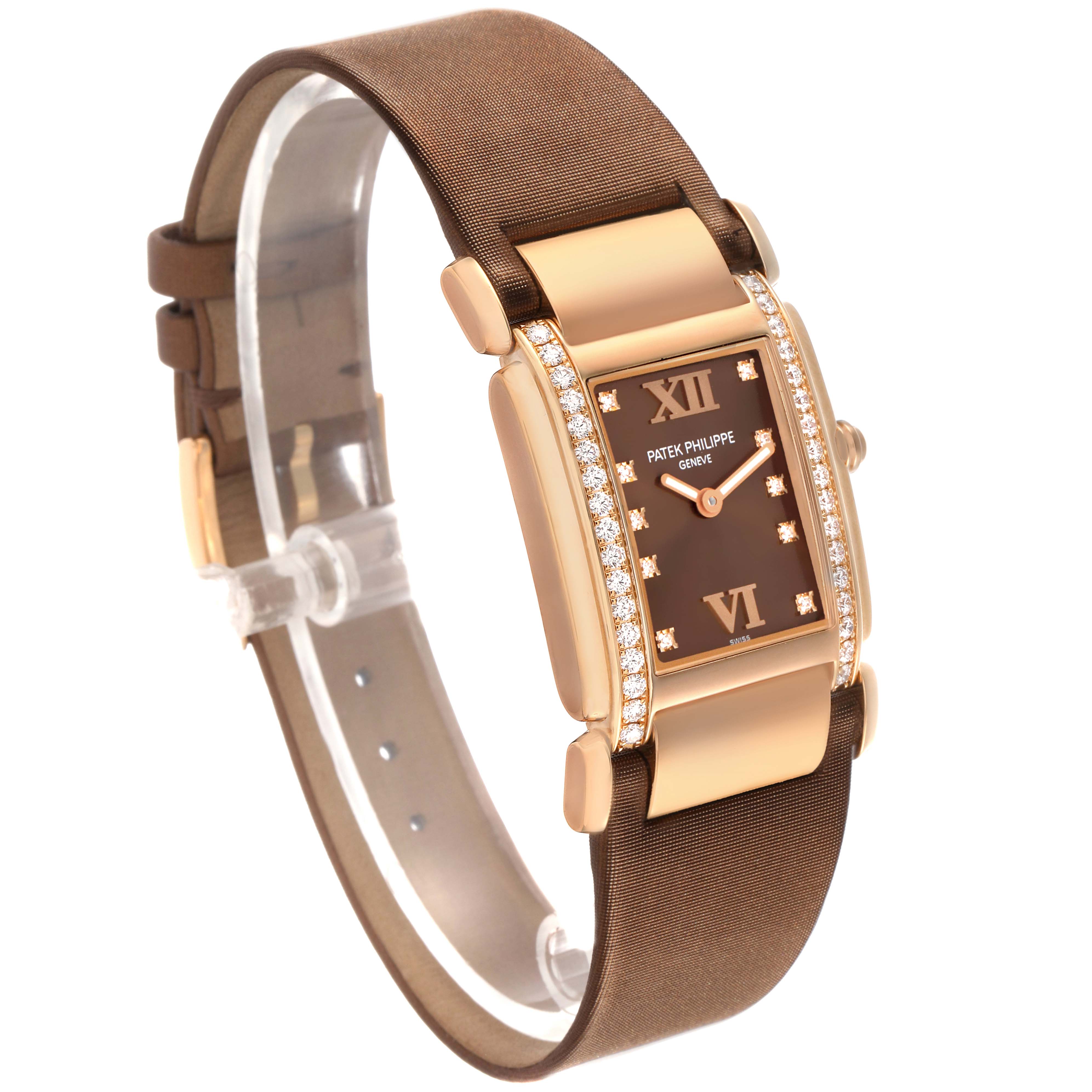 The Patek Philippe Twenty-4 4920R-001 Women's Rose Gold Brown Dial watch is shown at a slight angle, highlighting its face, dial, strap, and diamond accents.