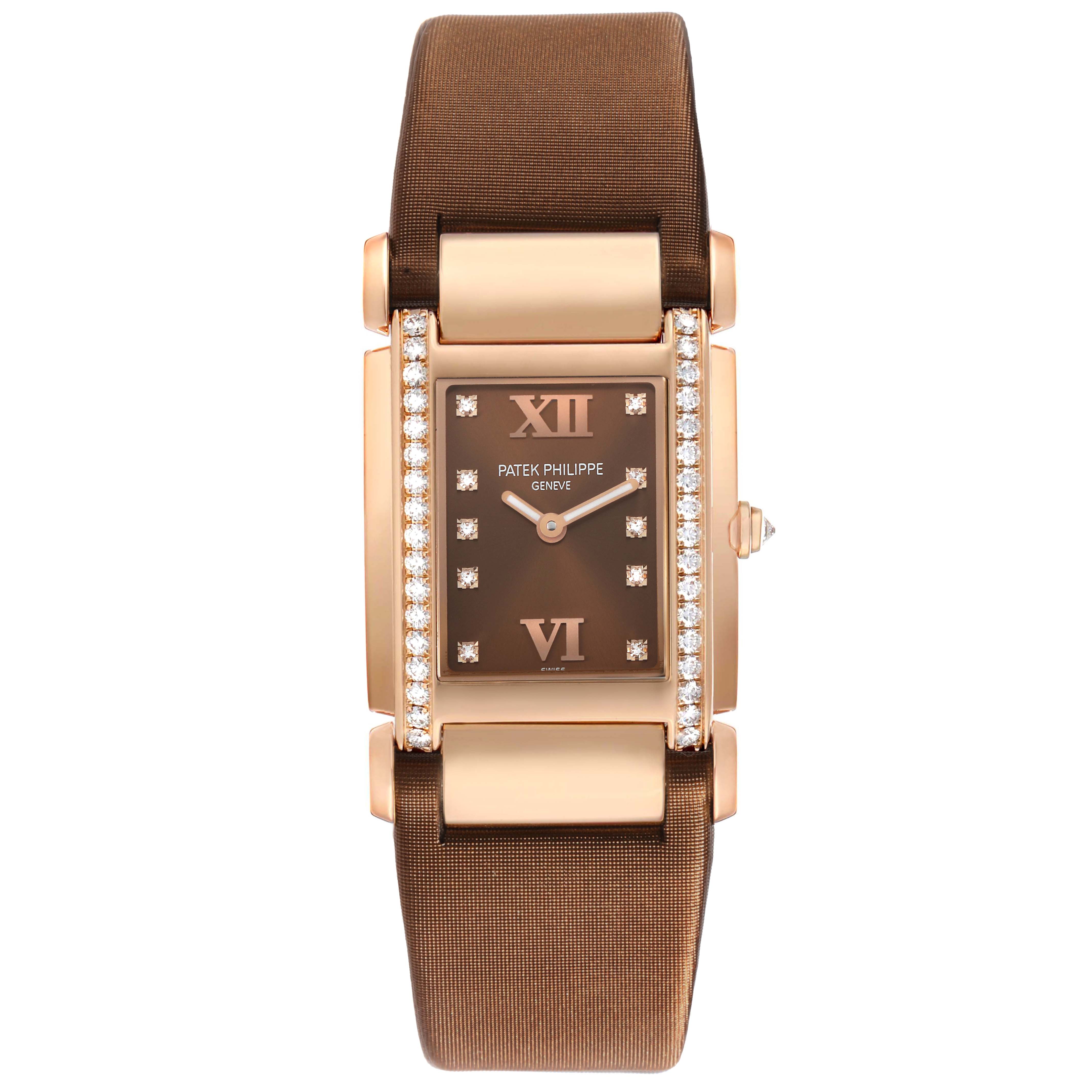 The Patek Philippe Twenty-4 4920R-001 Women's Rose Gold Brown Dial watch is shown from a top-down view, highlighting the rectangular face, diamond accents, and strap.