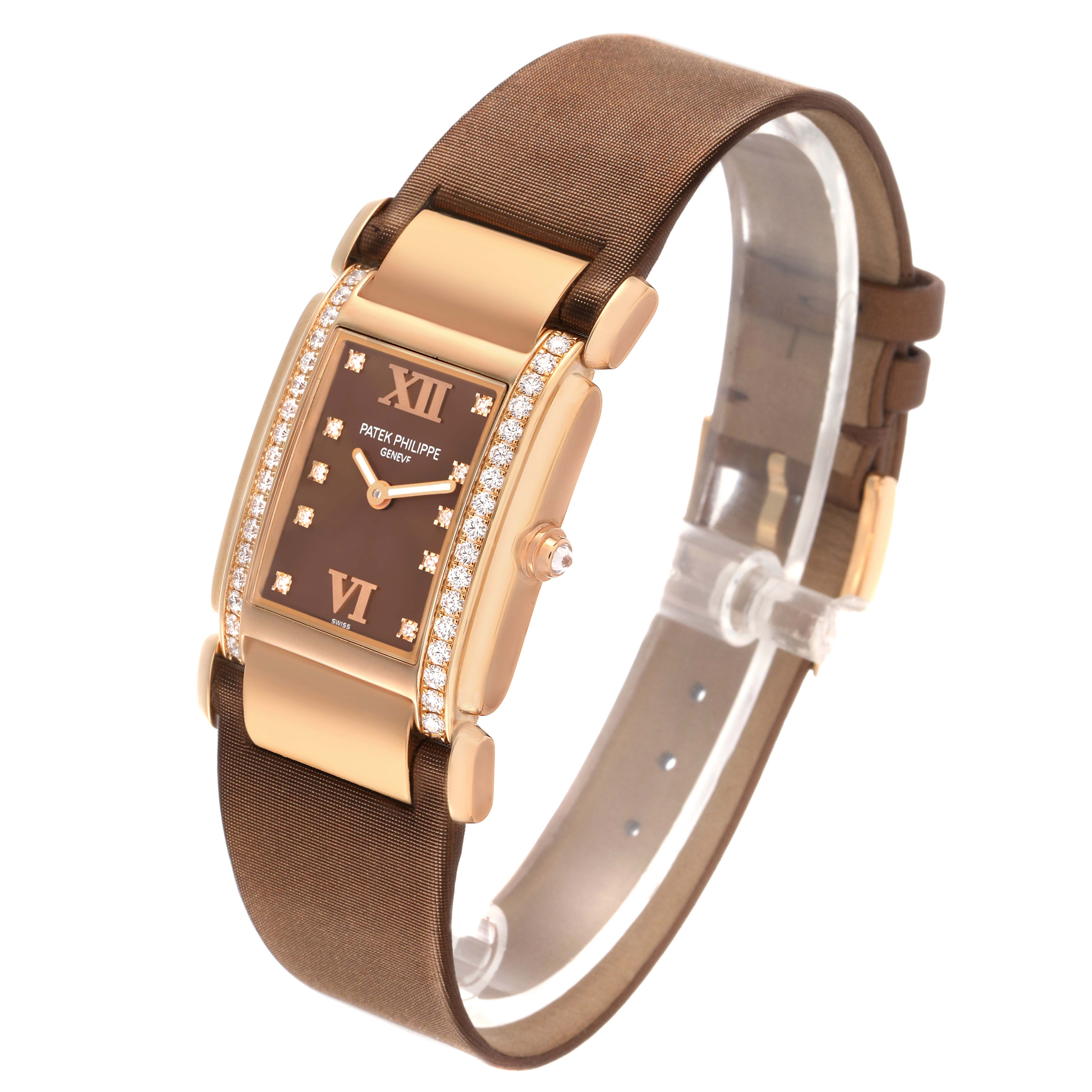 The Patek Philippe Twenty-4 4920R-001 Women's Rose Gold Brown Dial watch is shown at an angle displaying its rectangular case, diamond-accented bezel, and brown strap.