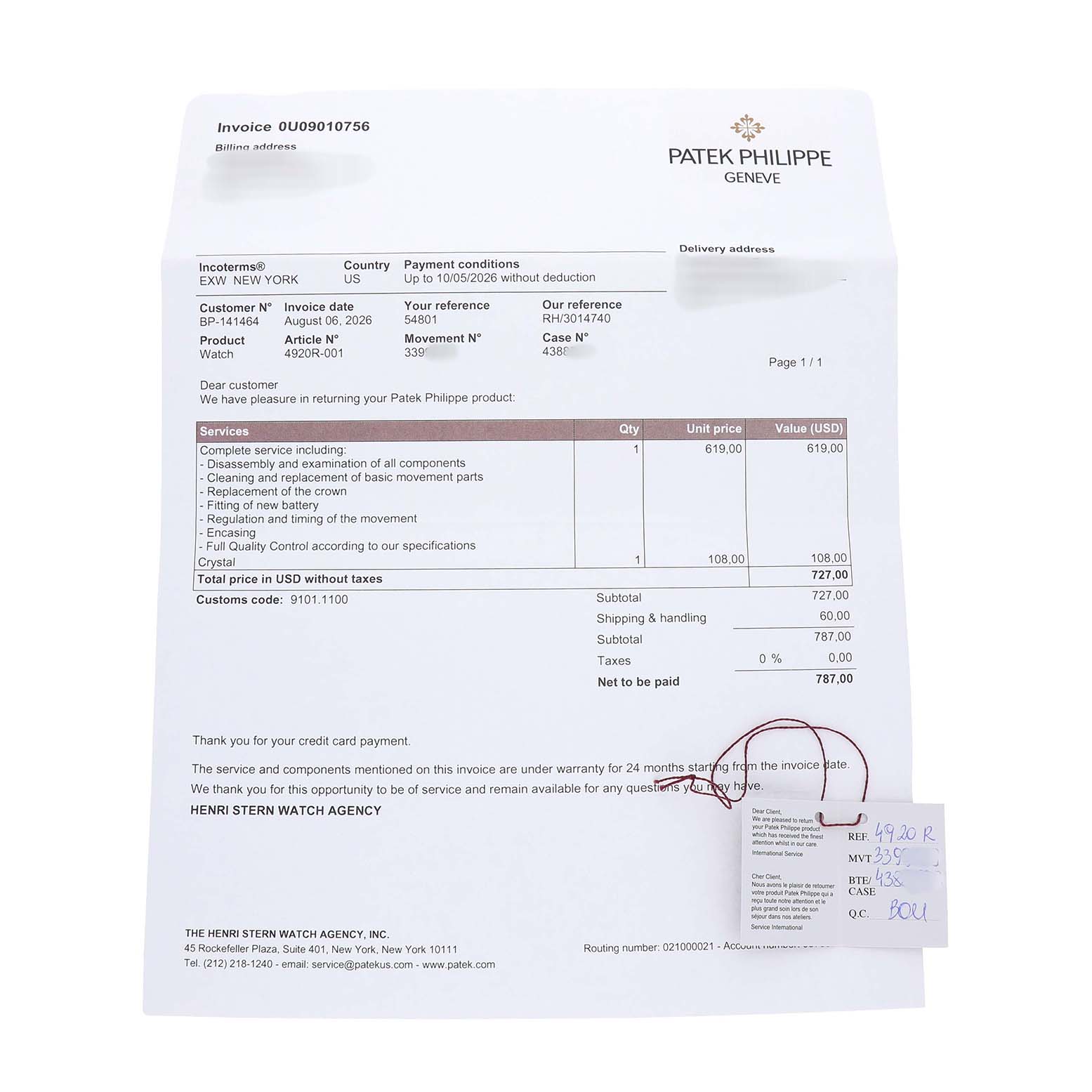 The image displays a service invoice for a Patek Philippe Twenty-4 4920R-001 Women's Rose Gold Brown Dial model, detailing various services performed.