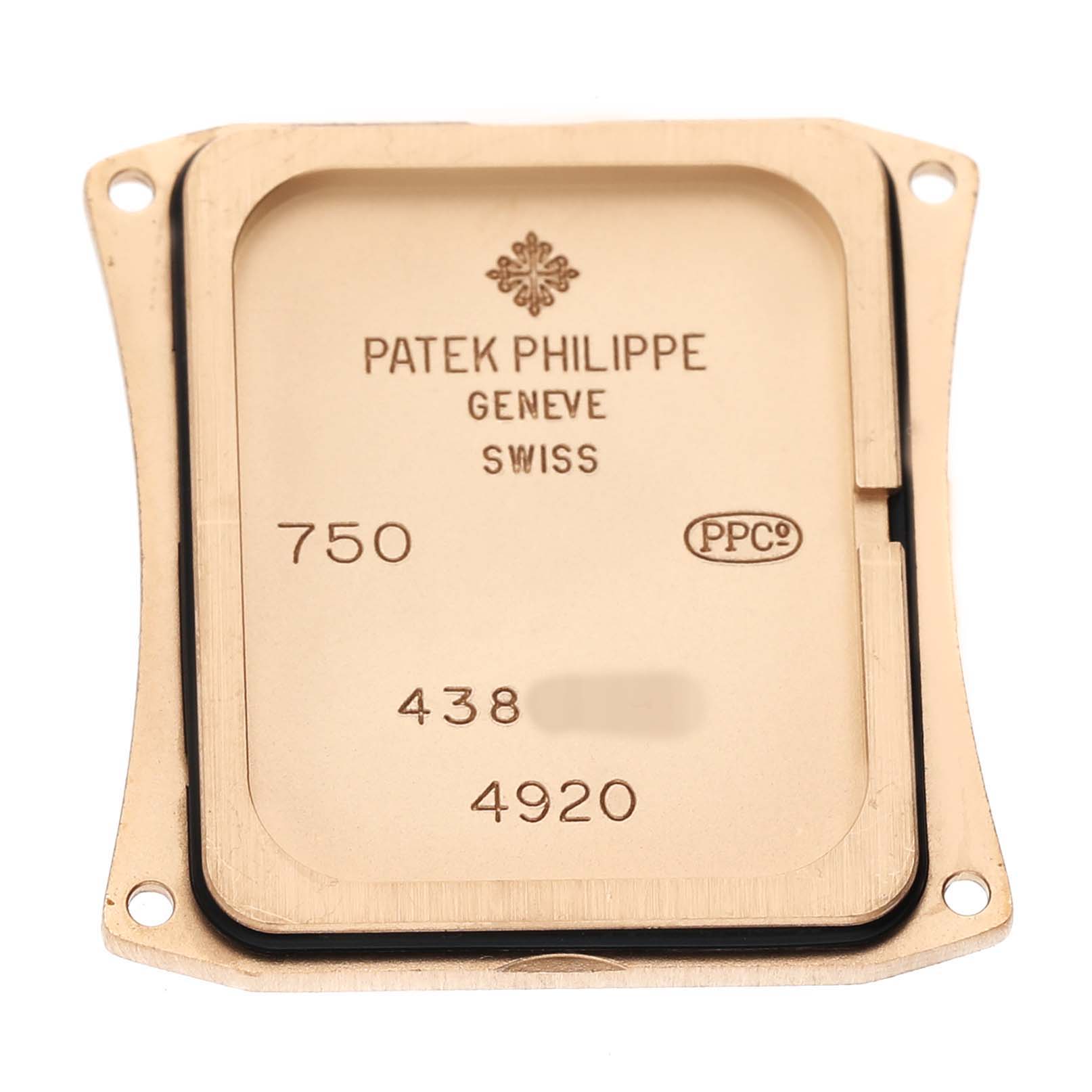 The image shows the back cover of a Patek Philippe Twenty-4 4920R-001 Women's Rose Gold Brown Dial watch, displaying branding and serial numbers.