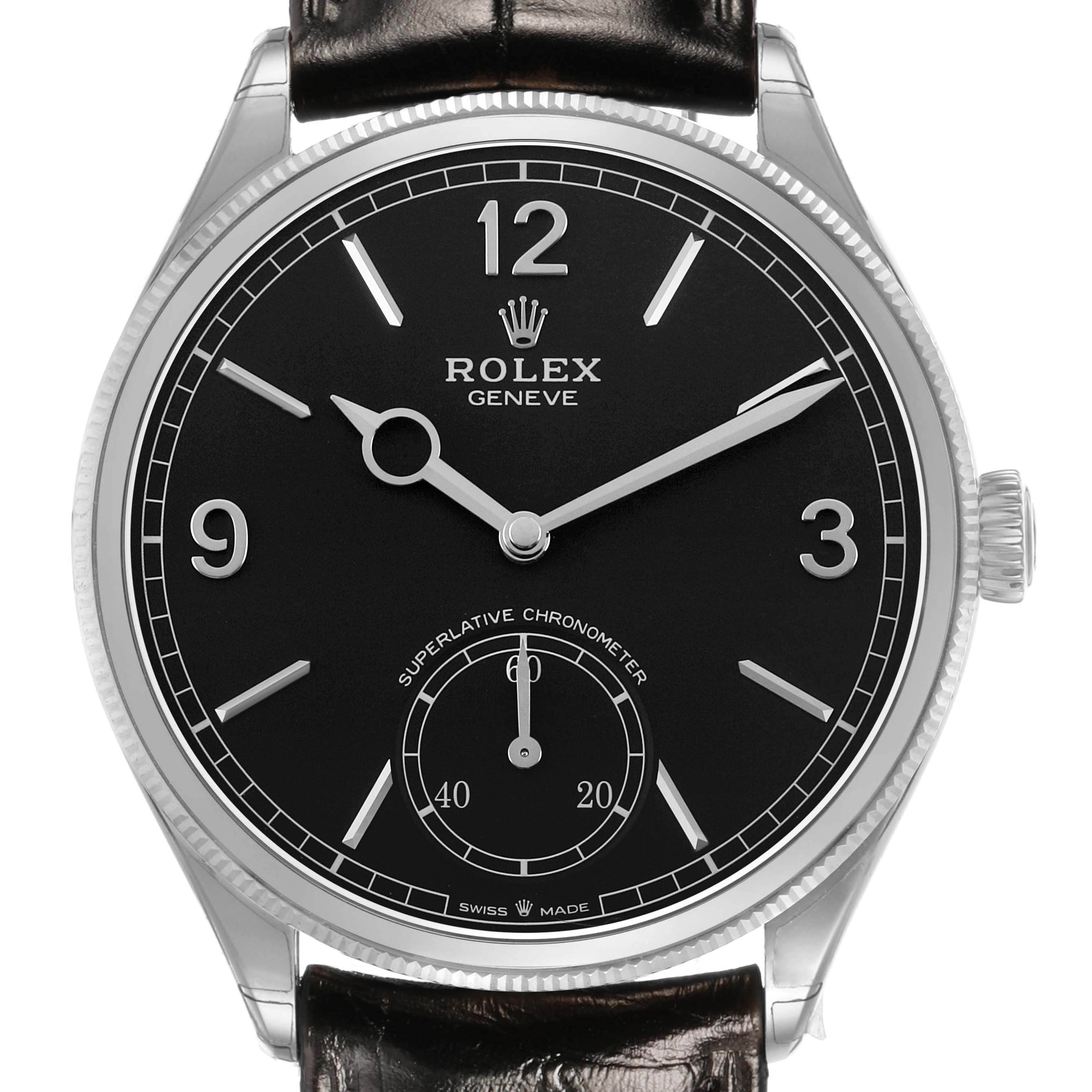 The image shows a front view of the Rolex 1908 52509 Men's White Gold Black Dial model, displaying its black dial, numerals, hands, and crown.
