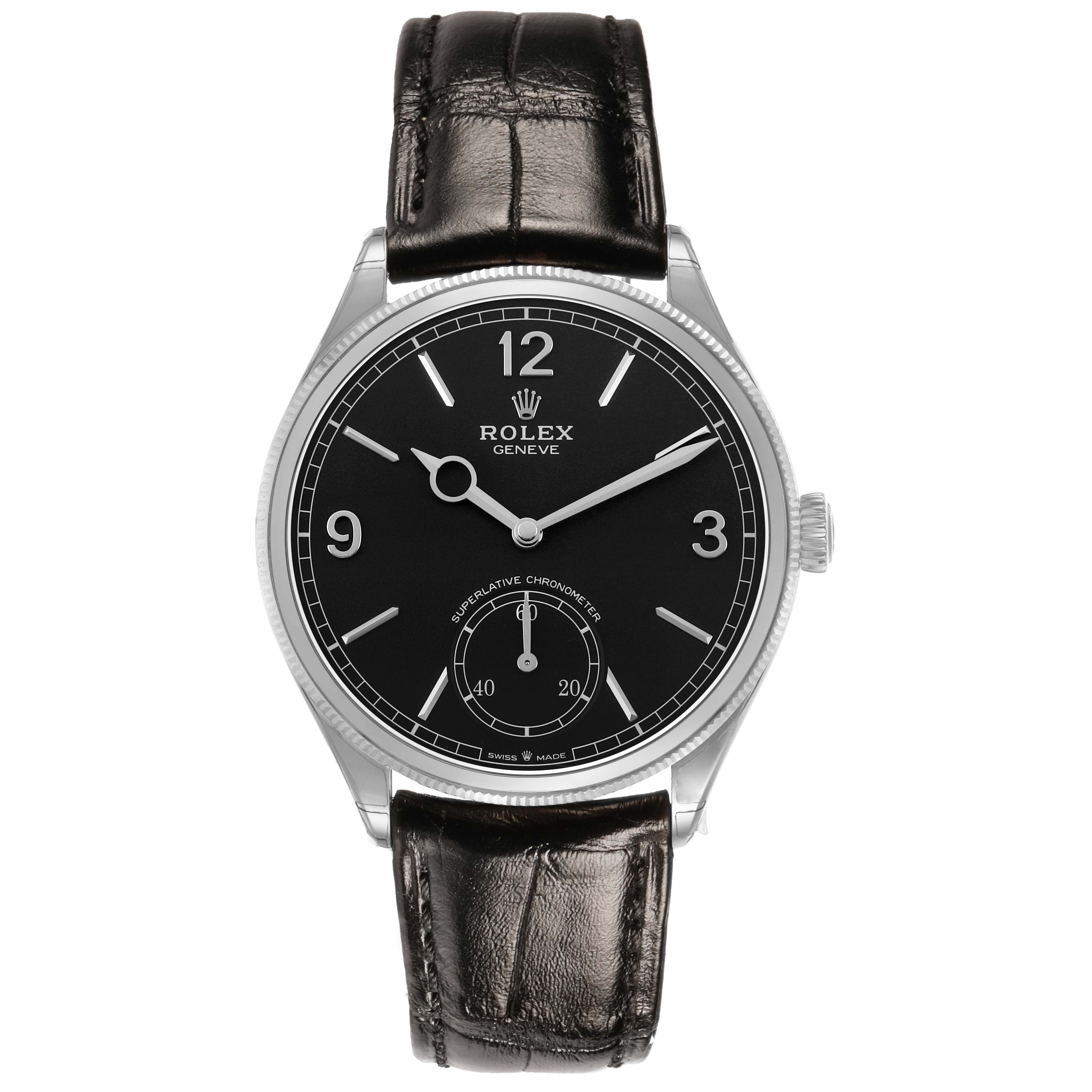 The Rolex 1908 52509 Men's White Gold Black Dial model is shown from the front, displaying the dial, case, hands, and leather strap.