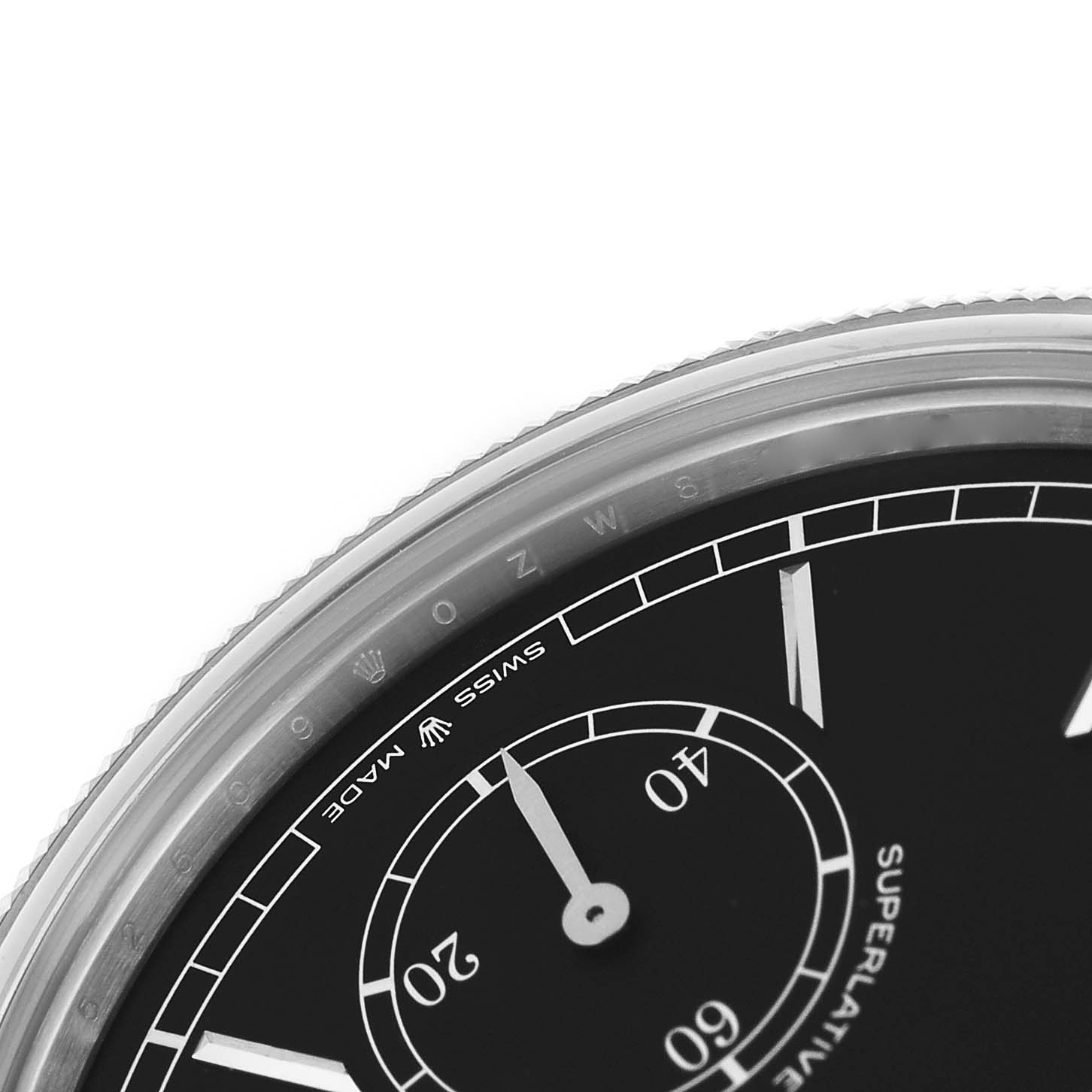 The image shows a close-up of the top right section of the Rolex 1908 52509 Men's White Gold Black Dial model watch, highlighting the dial and markings.
