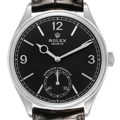 The Rolex 1908 52509 Men's White Gold Black Dial model is shown from the front, highlighting its black dial, numerals, and hands.