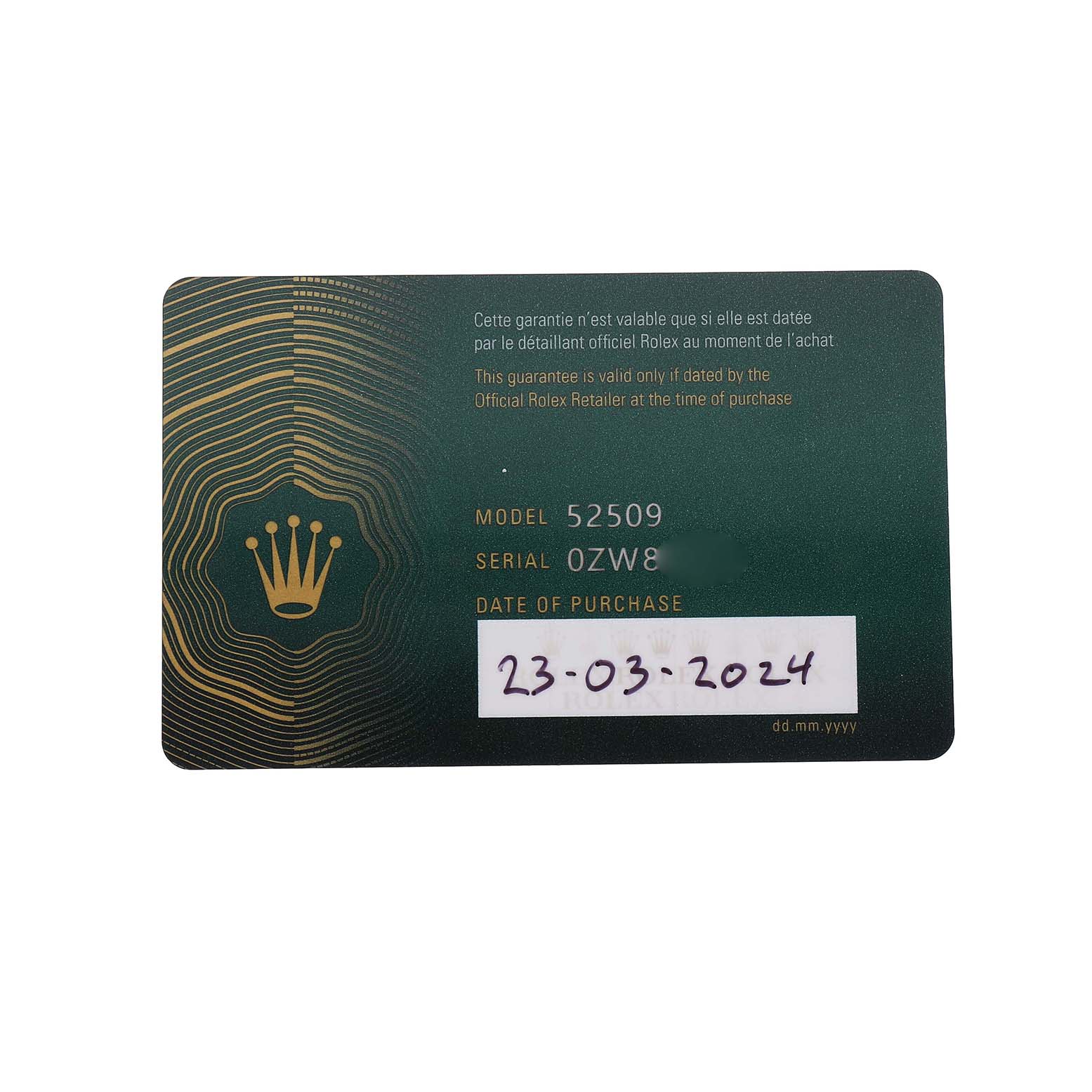 The image shows a warranty card for the Rolex 1908 52509 Men's White Gold Black Dial model, detailing the model and serial number, with a purchase date.