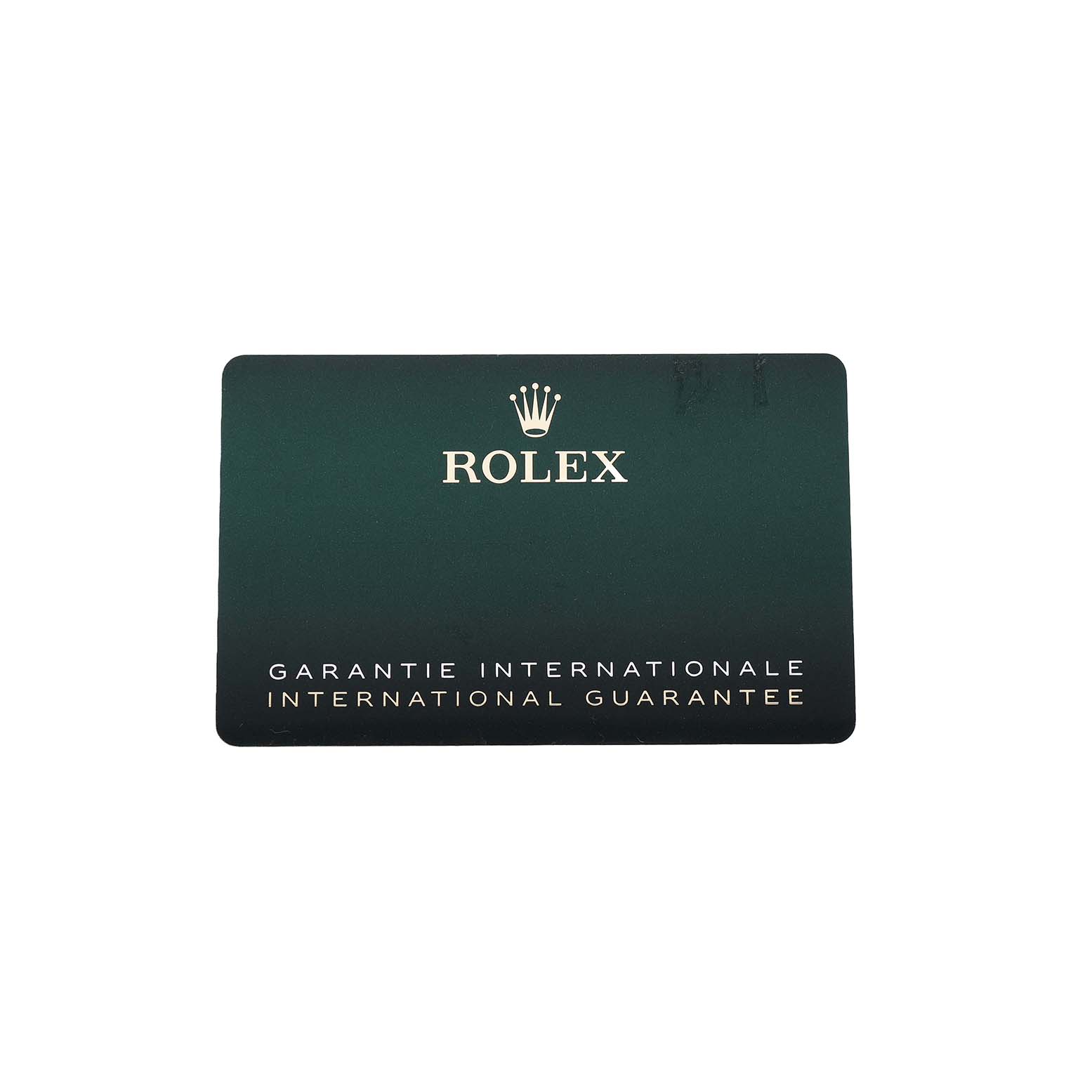 The image shows an International Guarantee card for the Rolex 1908 52509 Men's White Gold Black Dial model.
