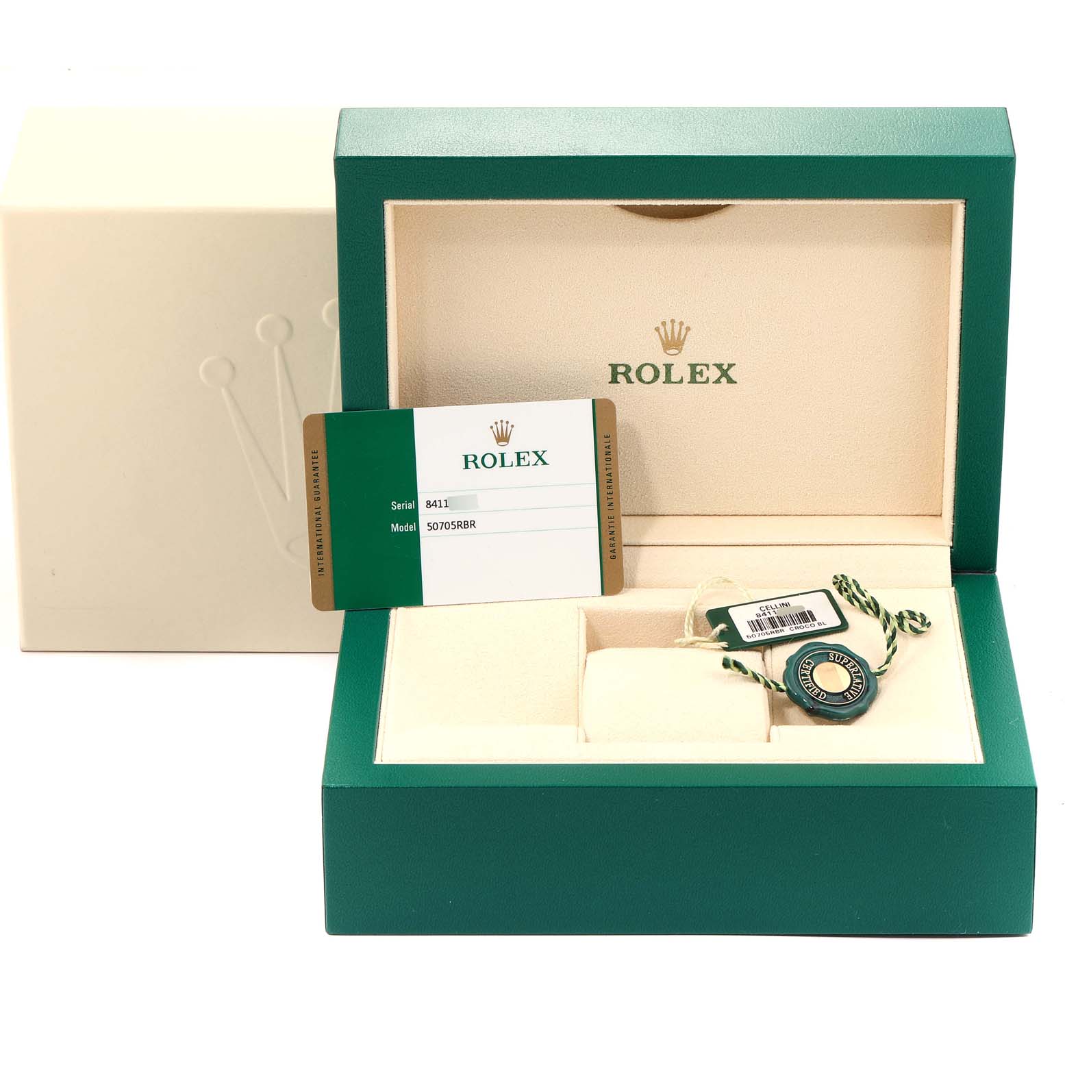 The image shows the packaging, warranty card, and tags for a Rolex Cellini 50705 Men
s Rose Gold Pink Dial 50705 Men
s Rose Gold Pink Dial watch, captured at a front angle.