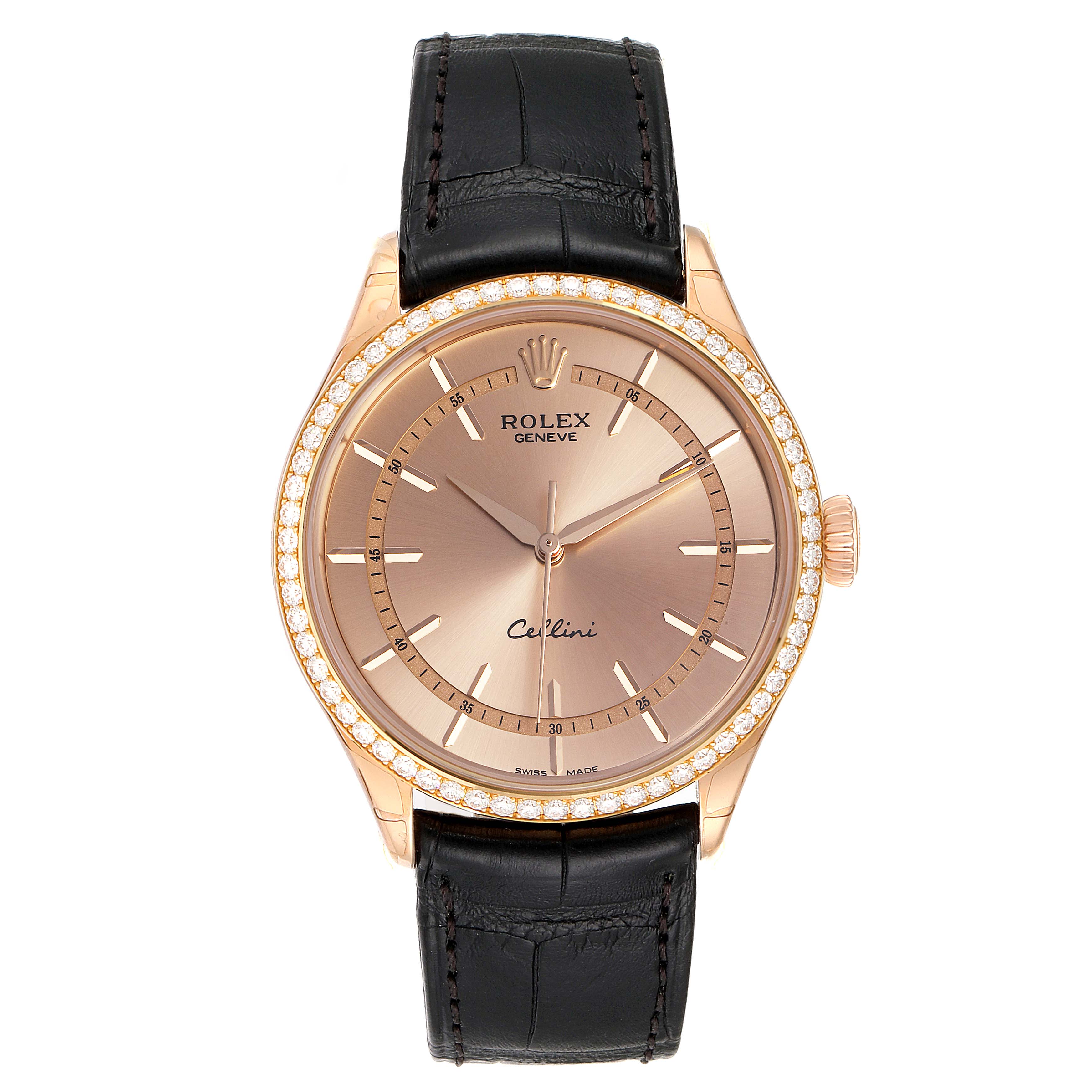 The image shows a front view of a Rolex Cellini 50705 Men
s Rose Gold Pink Dial 50705 Men
s Rose Gold Pink Dial watch with a black leather strap and a diamond-accented bezel.