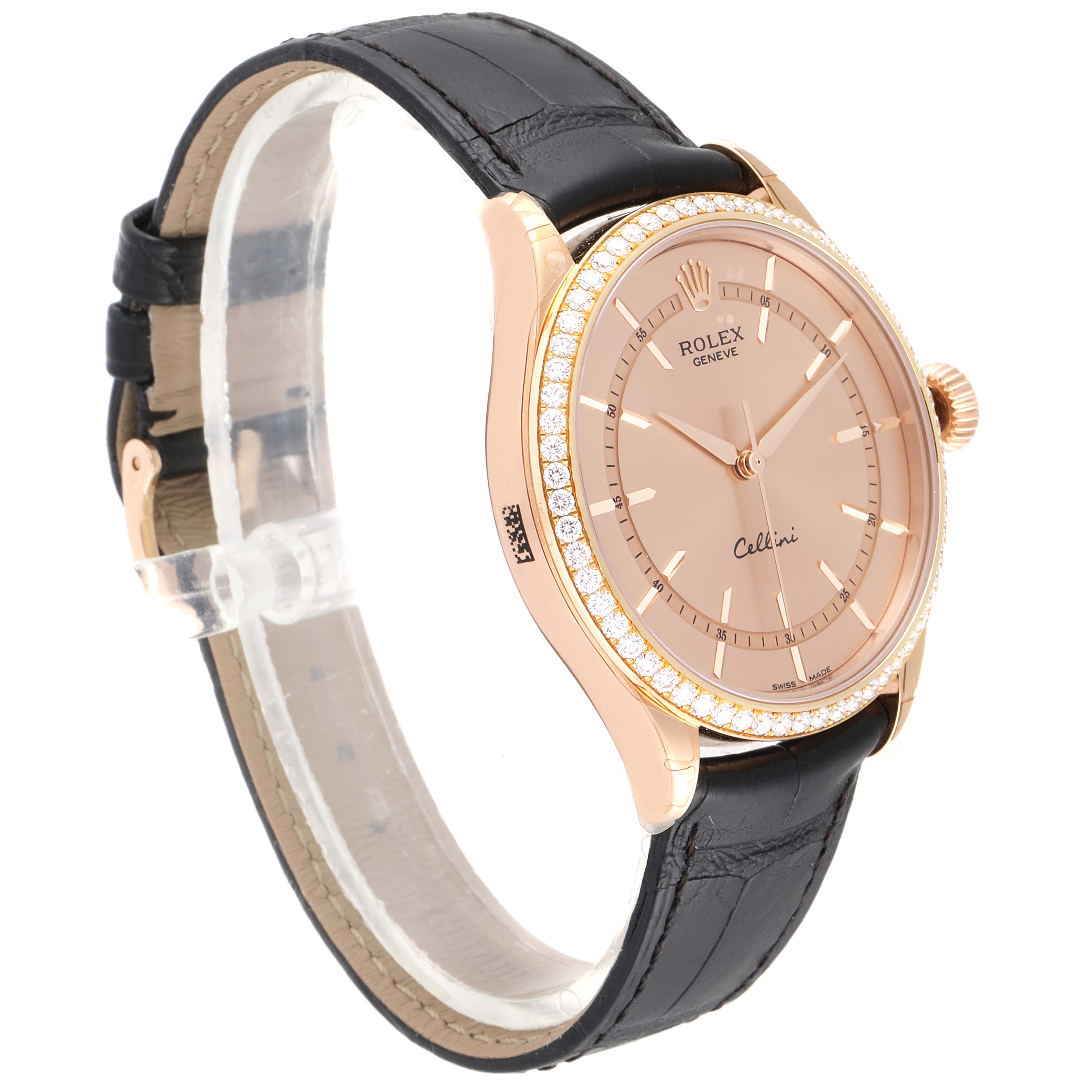 The Rolex Cellini 50705 Men
s Rose Gold Pink Dial 50705 Men
s Rose Gold Pink Dial watch is shown at an angled side view, highlighting its dial, bezel, crown, and leather strap.