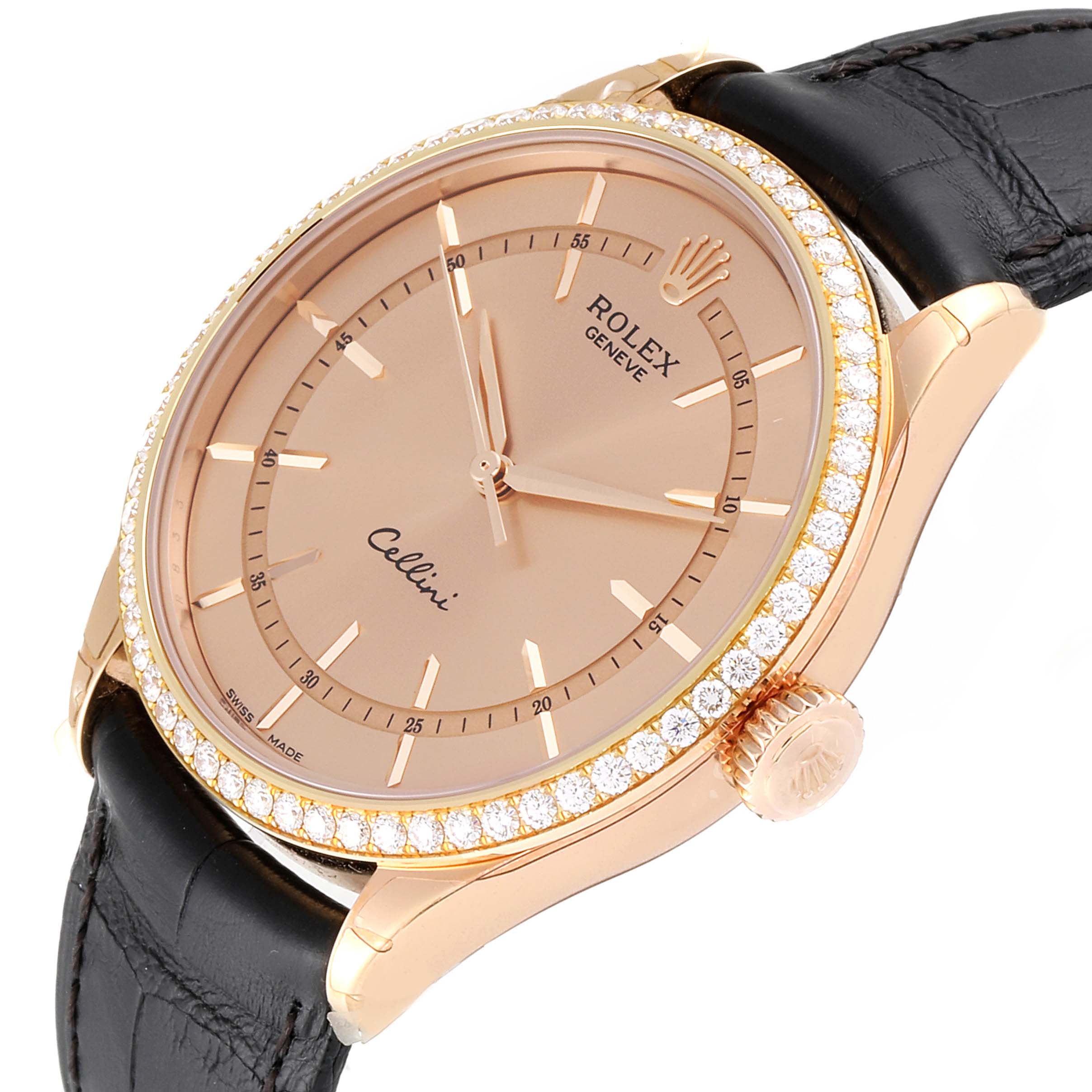 The Rolex Cellini 50705 Men
s Rose Gold Pink Dial 50705 Men
s Rose Gold Pink Dial watch is shown at a slight angle, highlighting its rose-gold bezel, dial, crown, and black leather strap.
