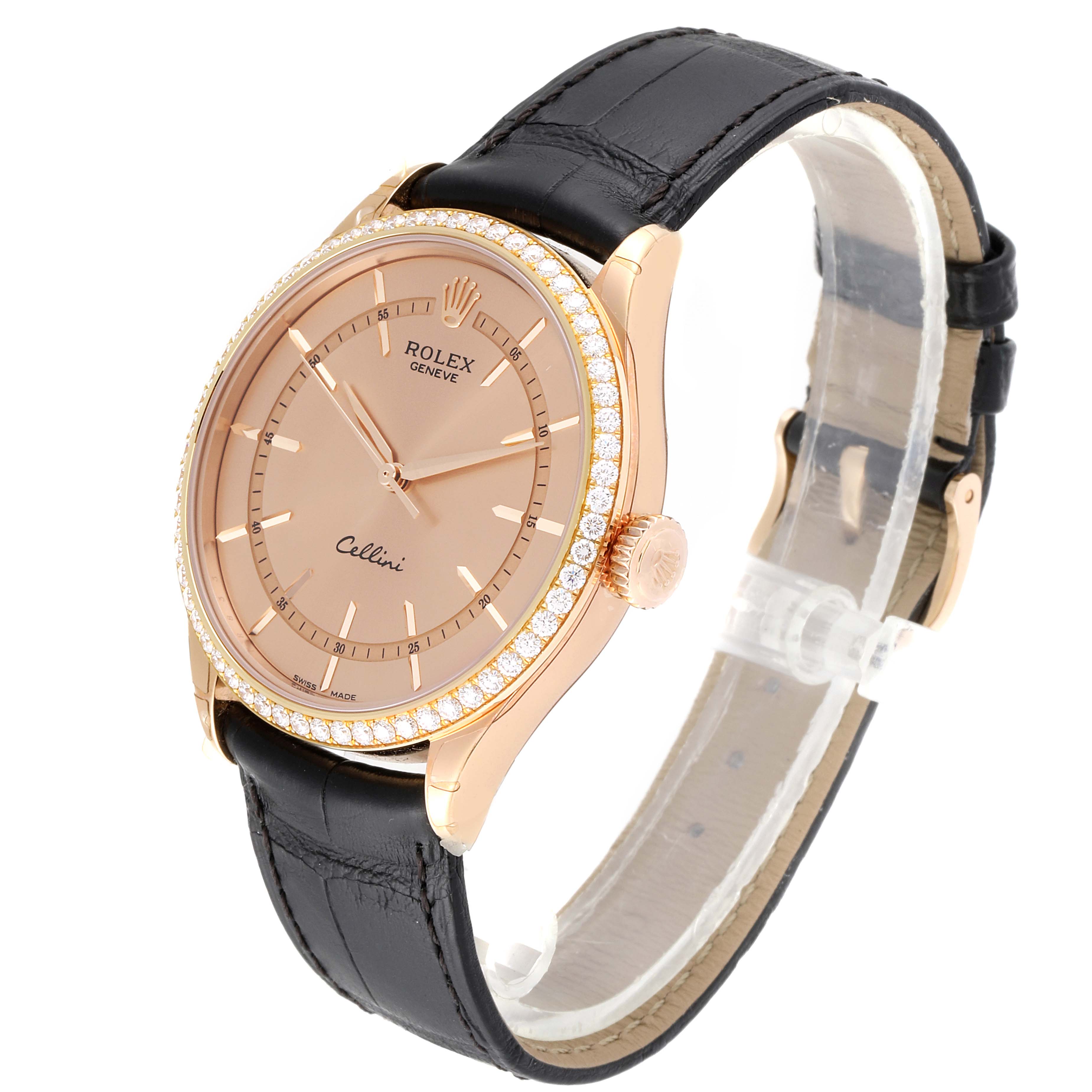 The image shows a Rolex Cellini 50705 Men
s Rose Gold Pink Dial 50705 Men
s Rose Gold Pink Dial watch at a slight angle, highlighting the face, bezel, crown, and leather strap.