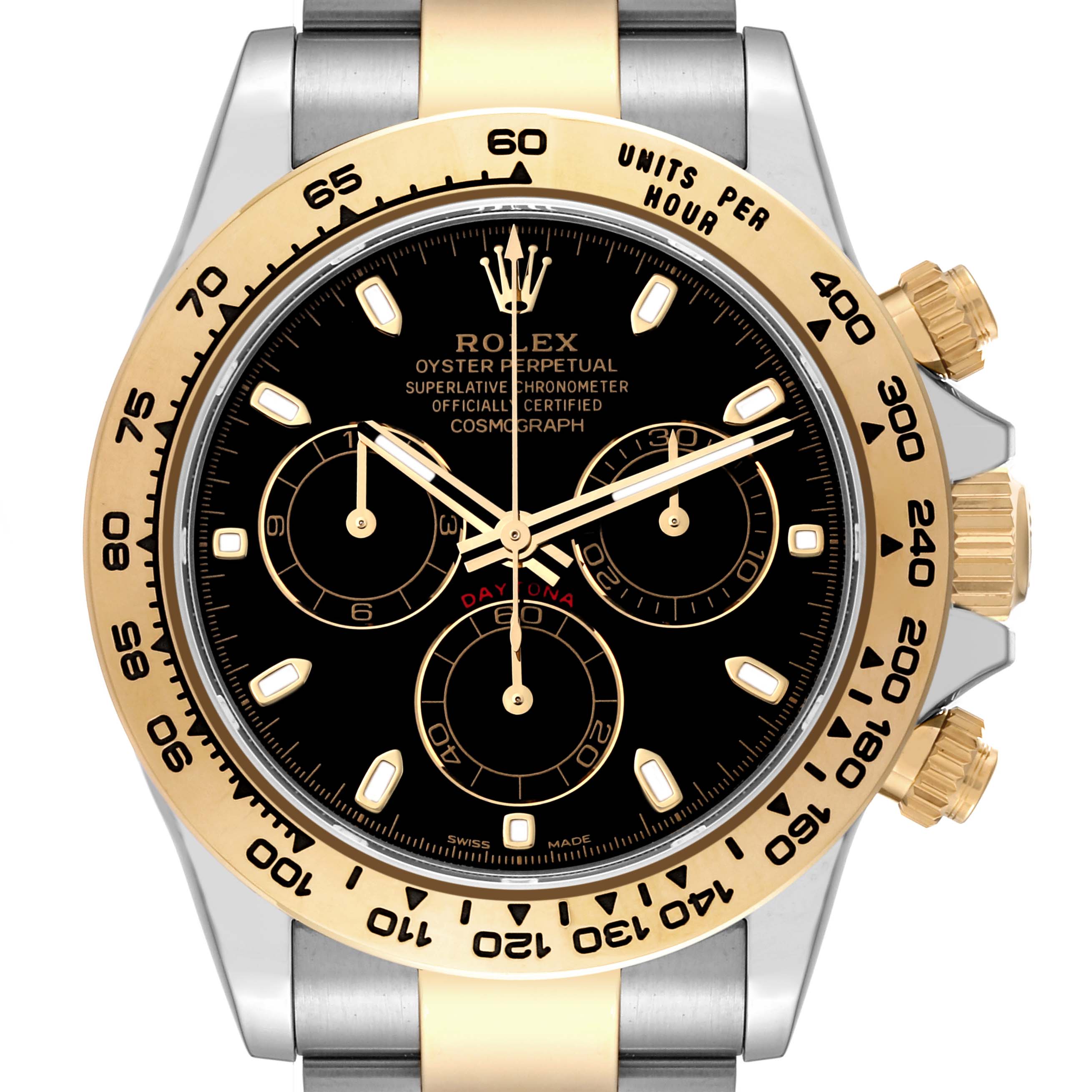 The image shows the front view of a Rolex Daytona 116503 Men's Steel and Gold (two tone) Black Dial 116503 Men's Steel and Gold (two tone) Black Dial watch, highlighting its black dial, subdials, gold bezel, and crown.