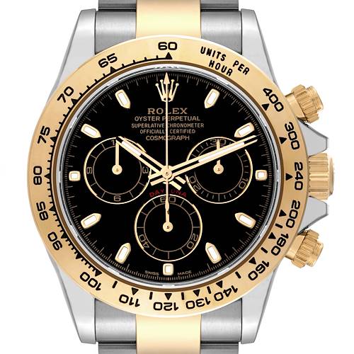 The image shows a frontal view of a Rolex Daytona watch, highlighting the dial, bezel, crown, and pushers.