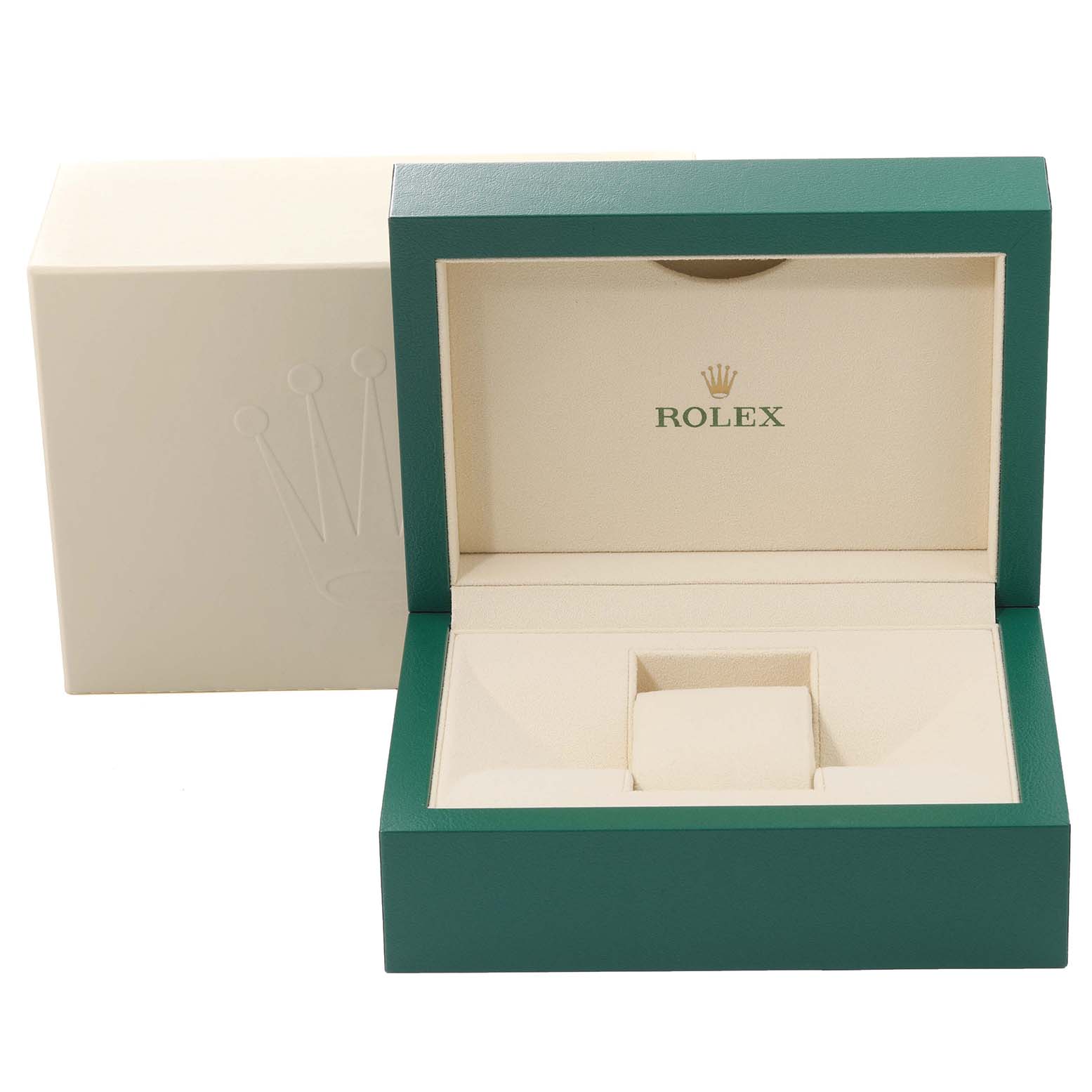 This image shows the open presentation box for a Rolex Daytona 116503 Men's Steel and Gold (two tone) Black Dial 116503 Men's Steel and Gold (two tone) Black Dial model watch, revealing its padded compartment.
