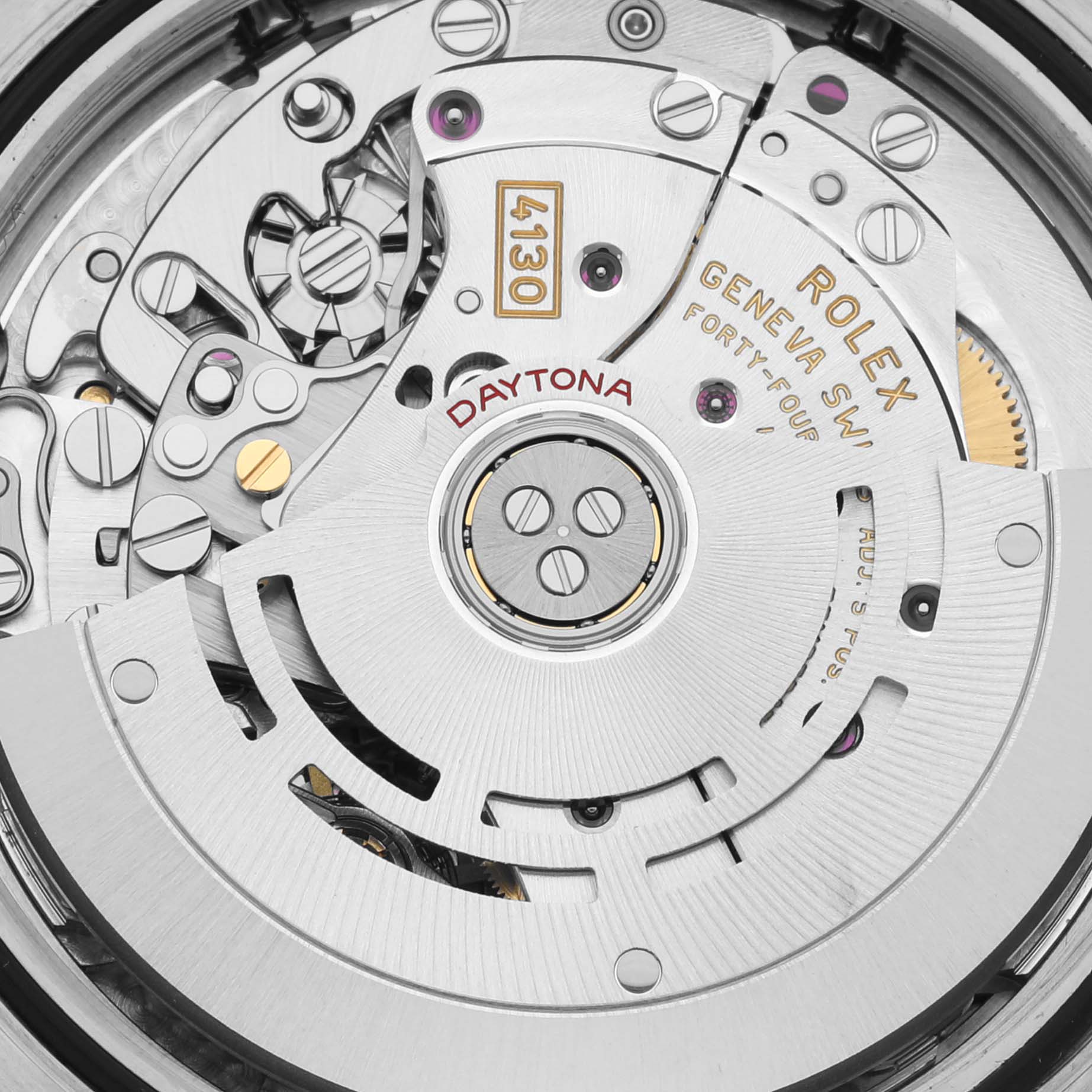 The image shows a close-up of the Rolex Daytona 116503 Men's Steel and Gold (two tone) Black Dial 116503 Men's Steel and Gold (two tone) Black Dial watch mechanism, highlighting the intricate inner workings and engraved model details.