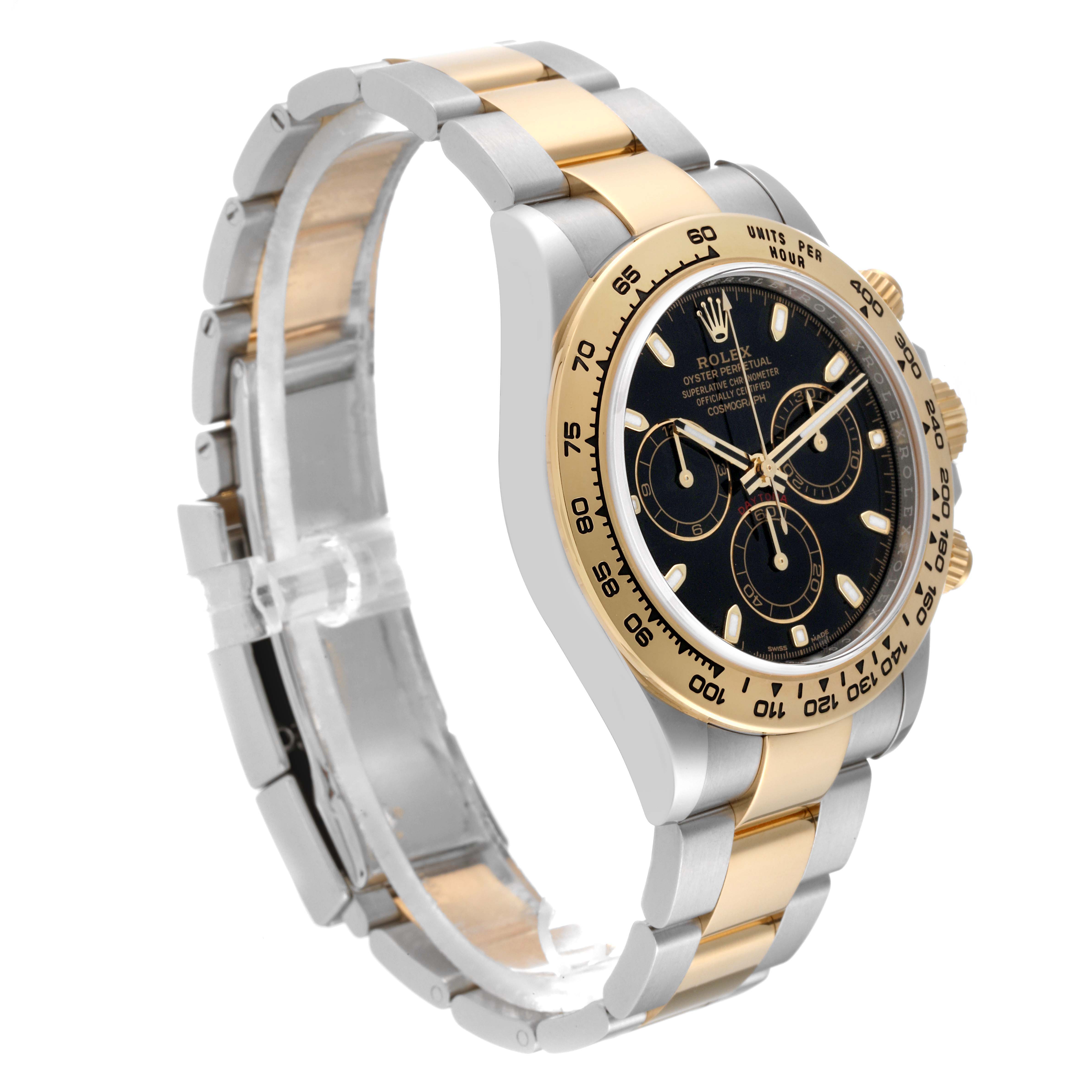 The Rolex Daytona 116503 Men's Steel and Gold (two tone) Black Dial 116503 Men's Steel and Gold (two tone) Black Dial watch is shown at a 3/4 angle, displaying the bezel, face, subdials, and two-tone bracelet.