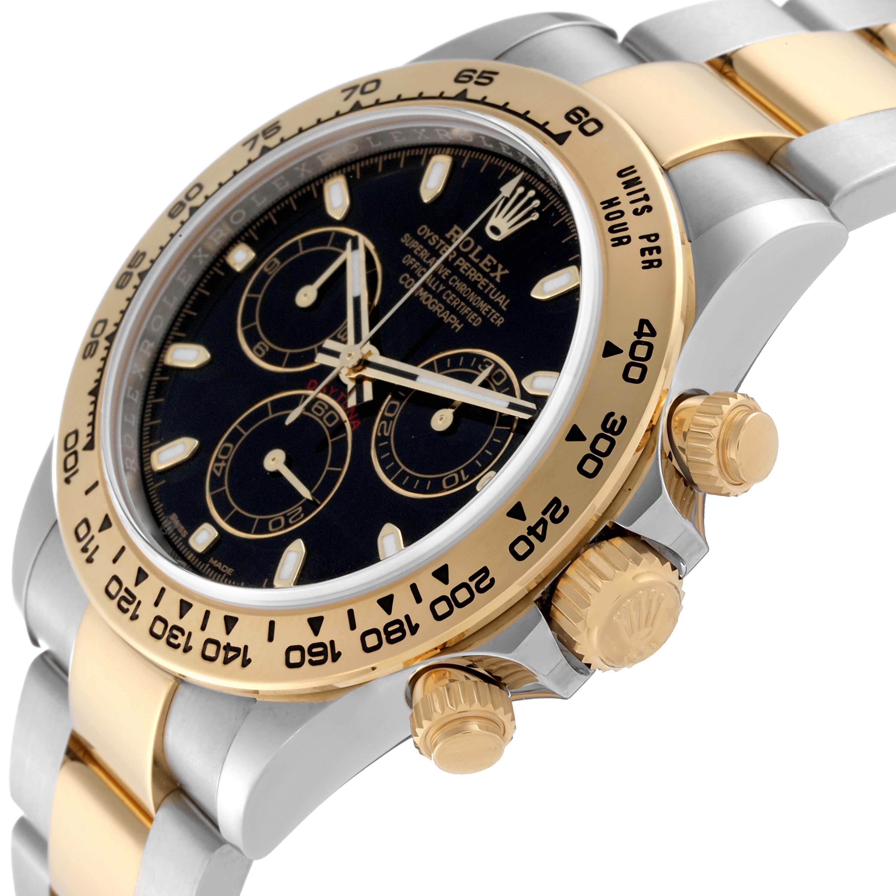 This image shows a close-up angle of a Rolex Daytona 116503 Men's Steel and Gold (two tone) Black Dial 116503 Men's Steel and Gold (two tone) Black Dial watch, highlighting its black dial, gold bezel, and crown.
