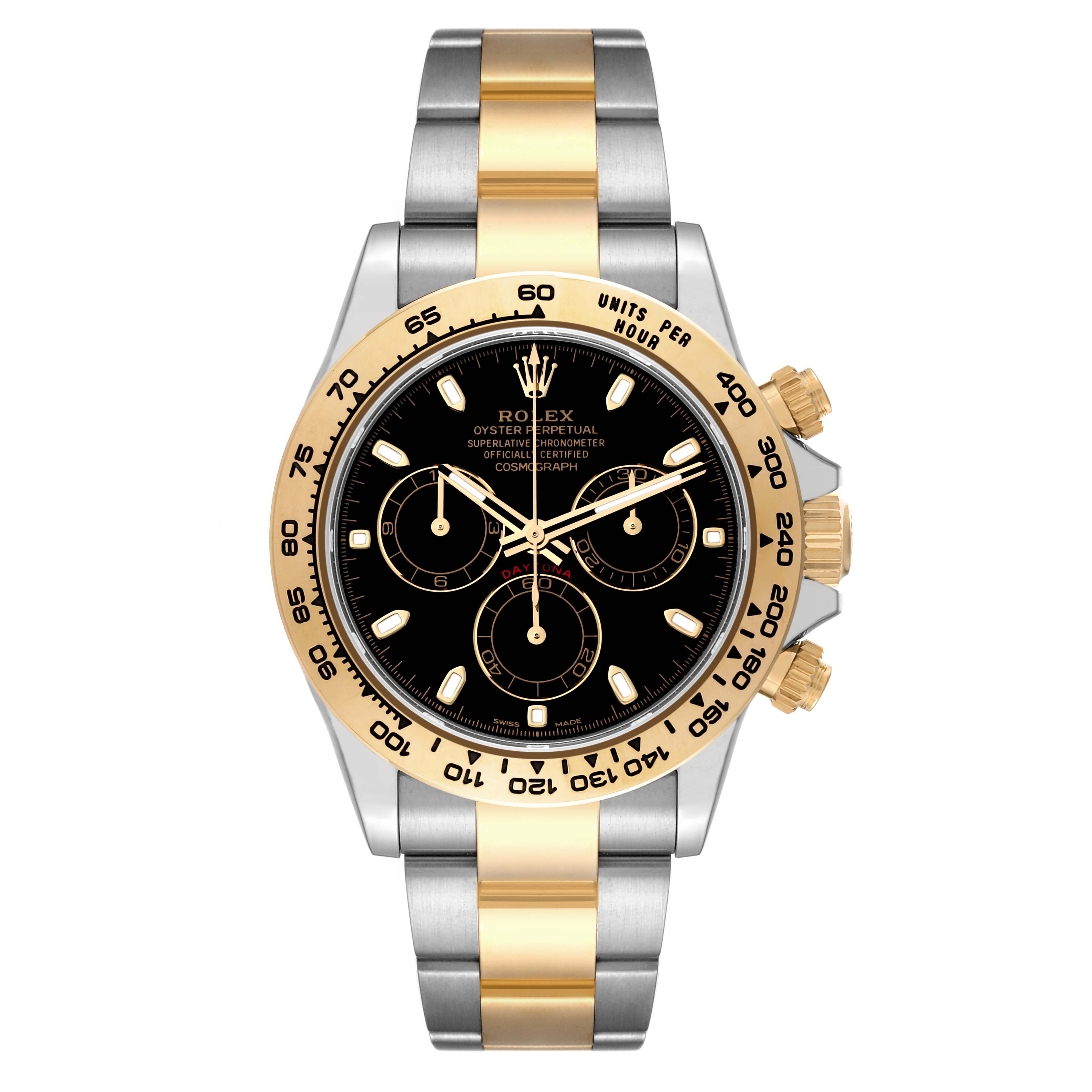This is a front view of a Rolex Daytona 116503 Men's Steel and Gold (two tone) Black Dial 116503 Men's Steel and Gold (two tone) Black Dial watch, highlighting its two-tone bracelet, black dial, and chronograph subdials.