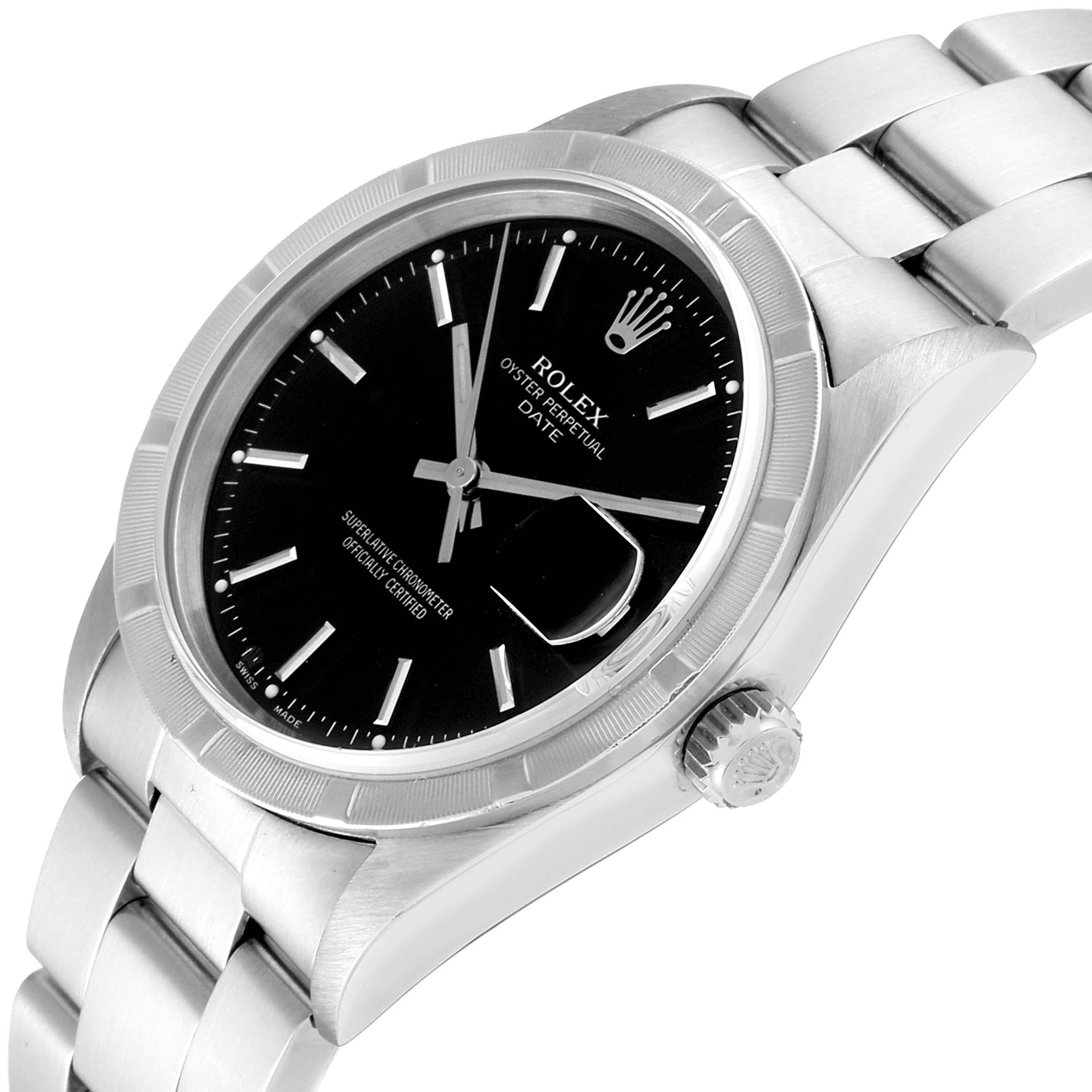 The image shows a Rolex Date 15210 Men's Stainless Steel Black Dial 15210 Men's Stainless Steel Black Dial model watch at an oblique angle, highlighting the face, bezel, crown, and bracelet.