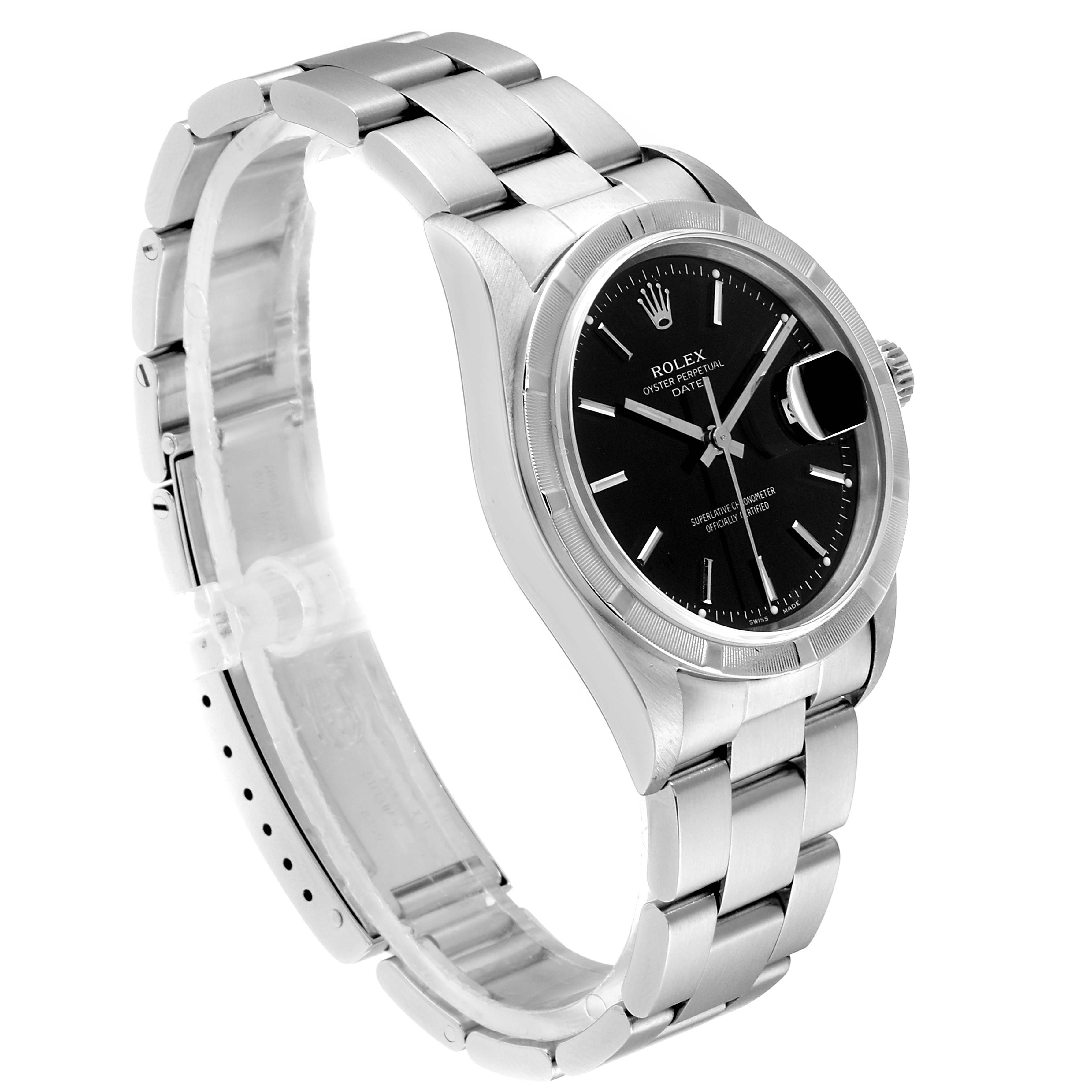 This Rolex Date 15210 Men's Stainless Steel Black Dial 15210 Men's Stainless Steel Black Dial model watch is shown at a three-quarter angle, highlighting its black dial, silver bezel, and stainless steel bracelet.