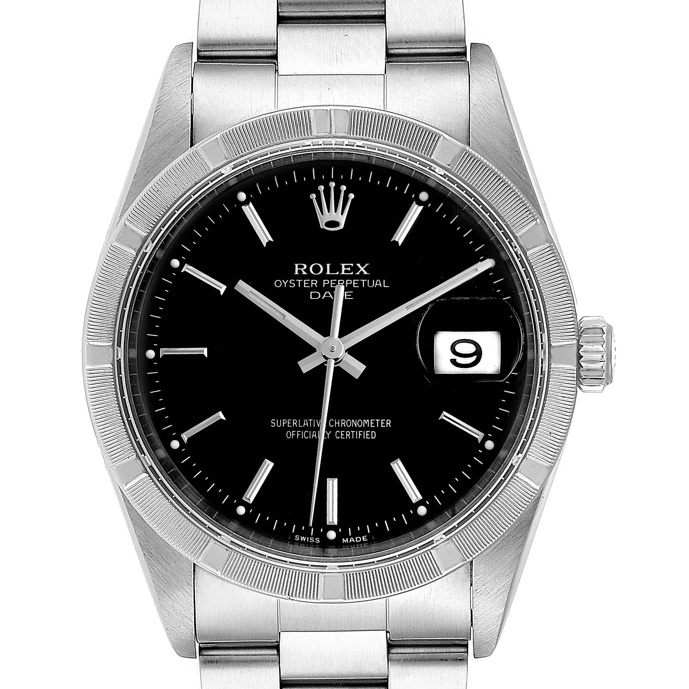 The image shows a frontal view of a Rolex Oyster Perpetual Date watch, showcasing its black dial, date window, and stainless steel bracelet.