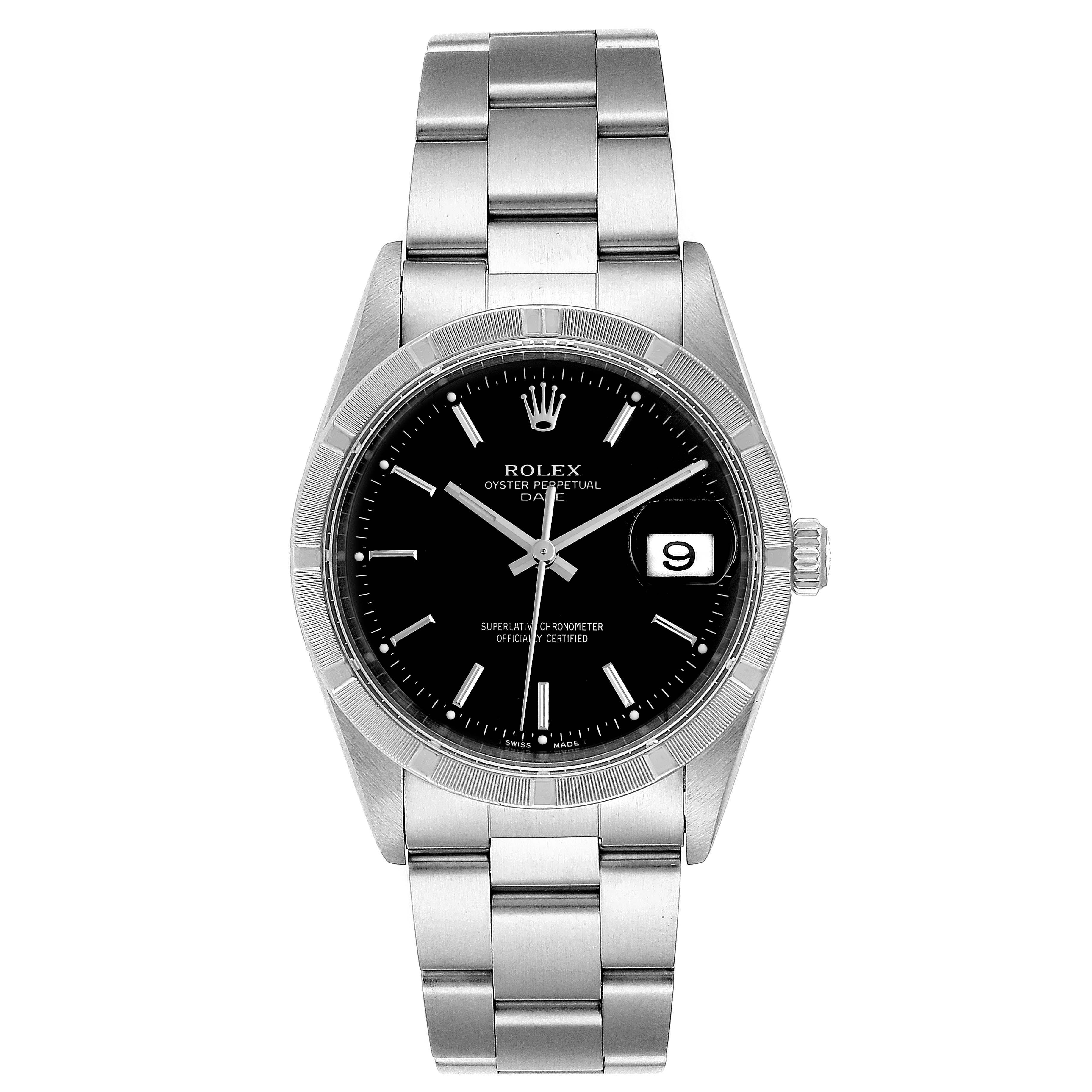 The image shows a front view of the Rolex Date 15210 Men's Stainless Steel Black Dial 15210 Men's Stainless Steel Black Dial model watch, displaying its black dial, bracelet, bezel, and date window.