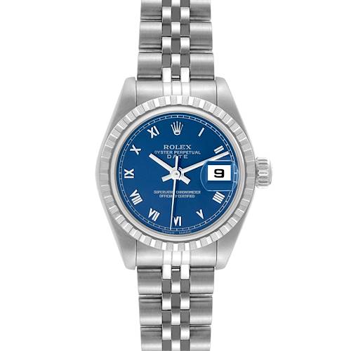 The image shows a front view of a Rolex Date model, displaying its blue dial, fluted bezel, date window, and jubilee bracelet.