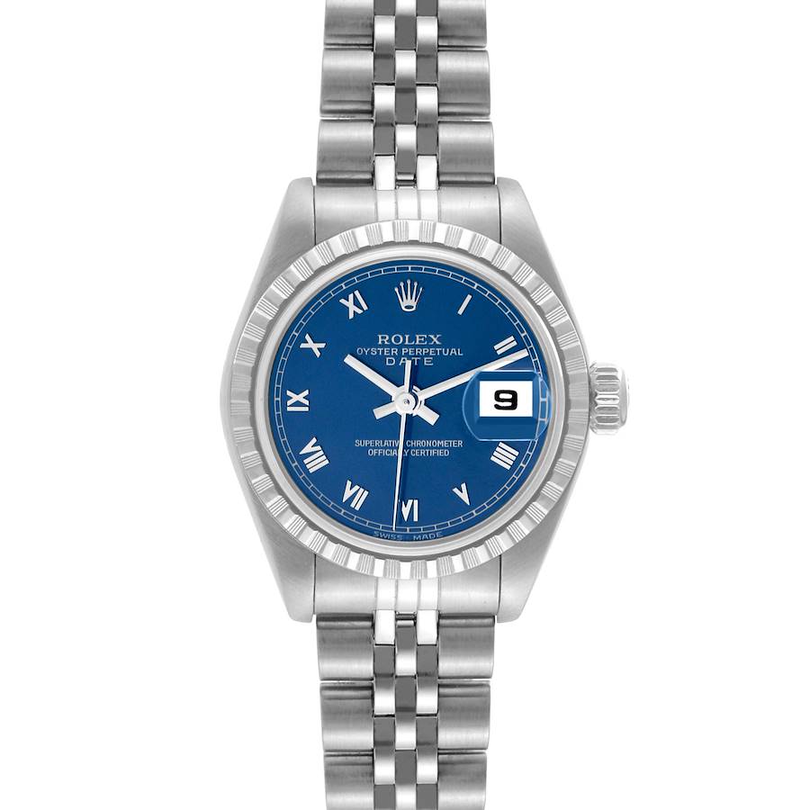 Rolex Date Blue Dial Engine Turned Bezel Steel Ladies Watch 79240 Box Papers SwissWatchExpo