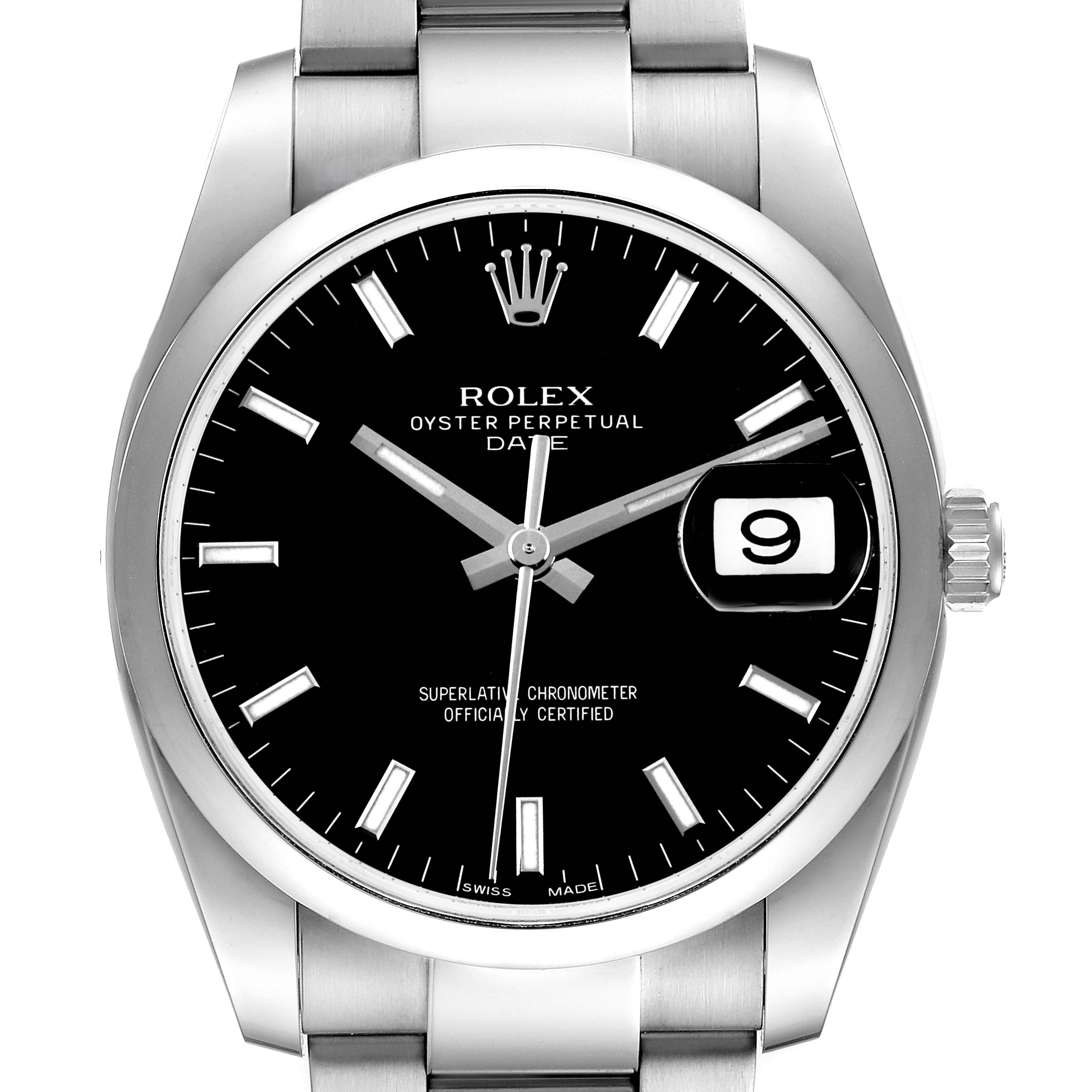 The Rolex Date 115200 Men's Stainless Steel Black Dial model is shown from a front angle, displaying its black dial, date window, and stainless steel bracelet.