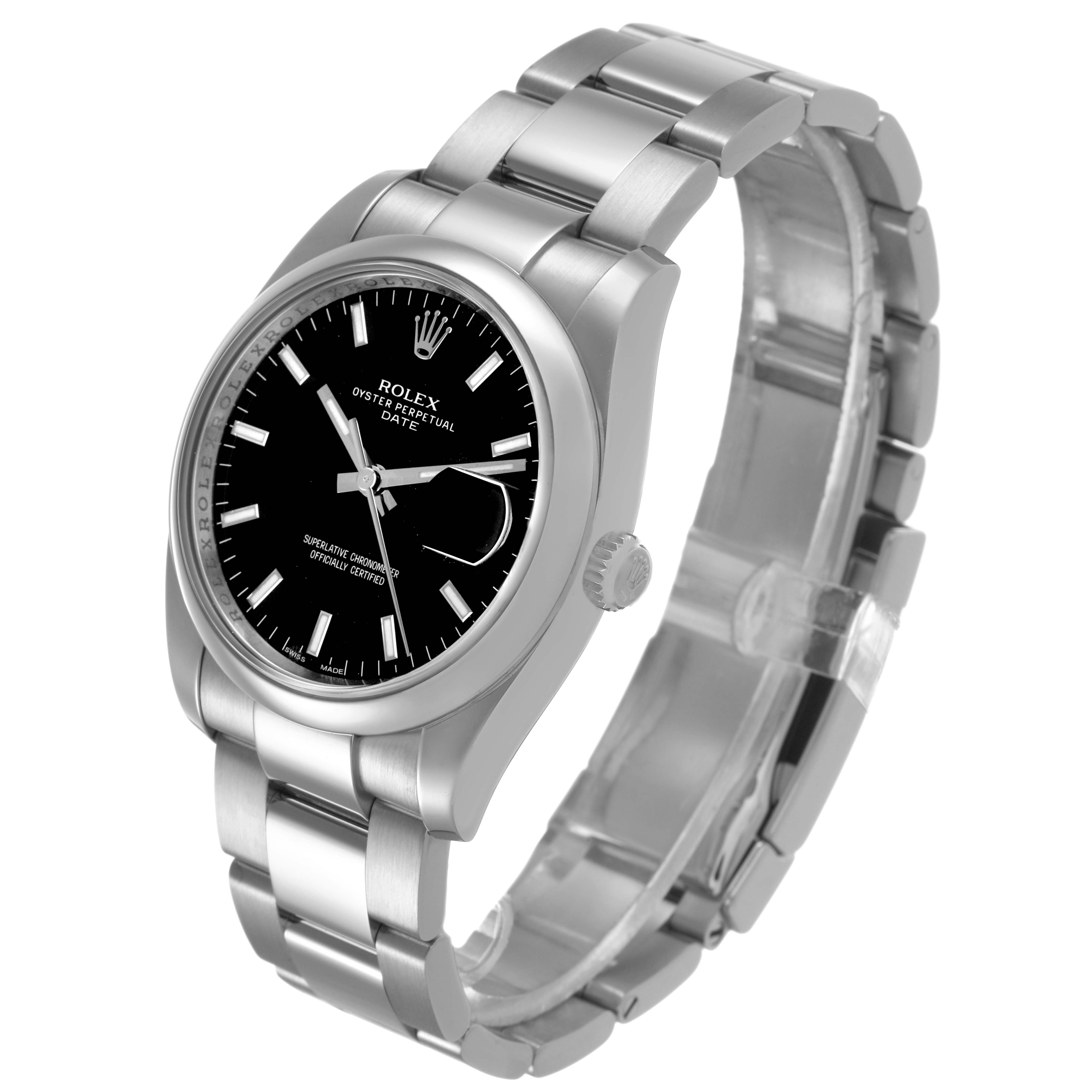 The image shows a Rolex Date 115200 Men's Stainless Steel Black Dial model watch from a front-side angle, highlighting the dial, bracelet, and crown.