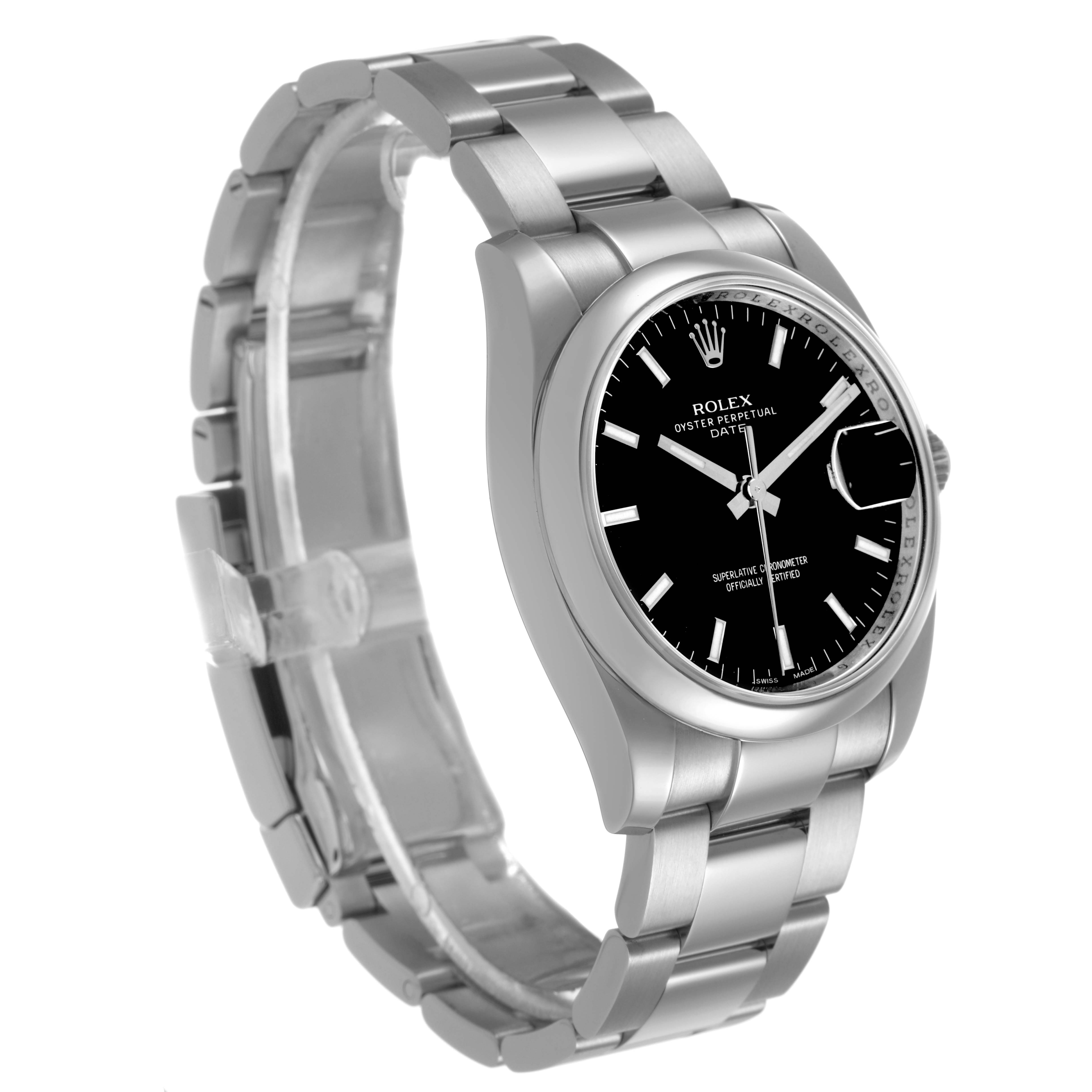 The Rolex Date 115200 Men's Stainless Steel Black Dial watch is shown at a three-quarter angle, highlighting the bracelet, bezel, and black dial with date feature.