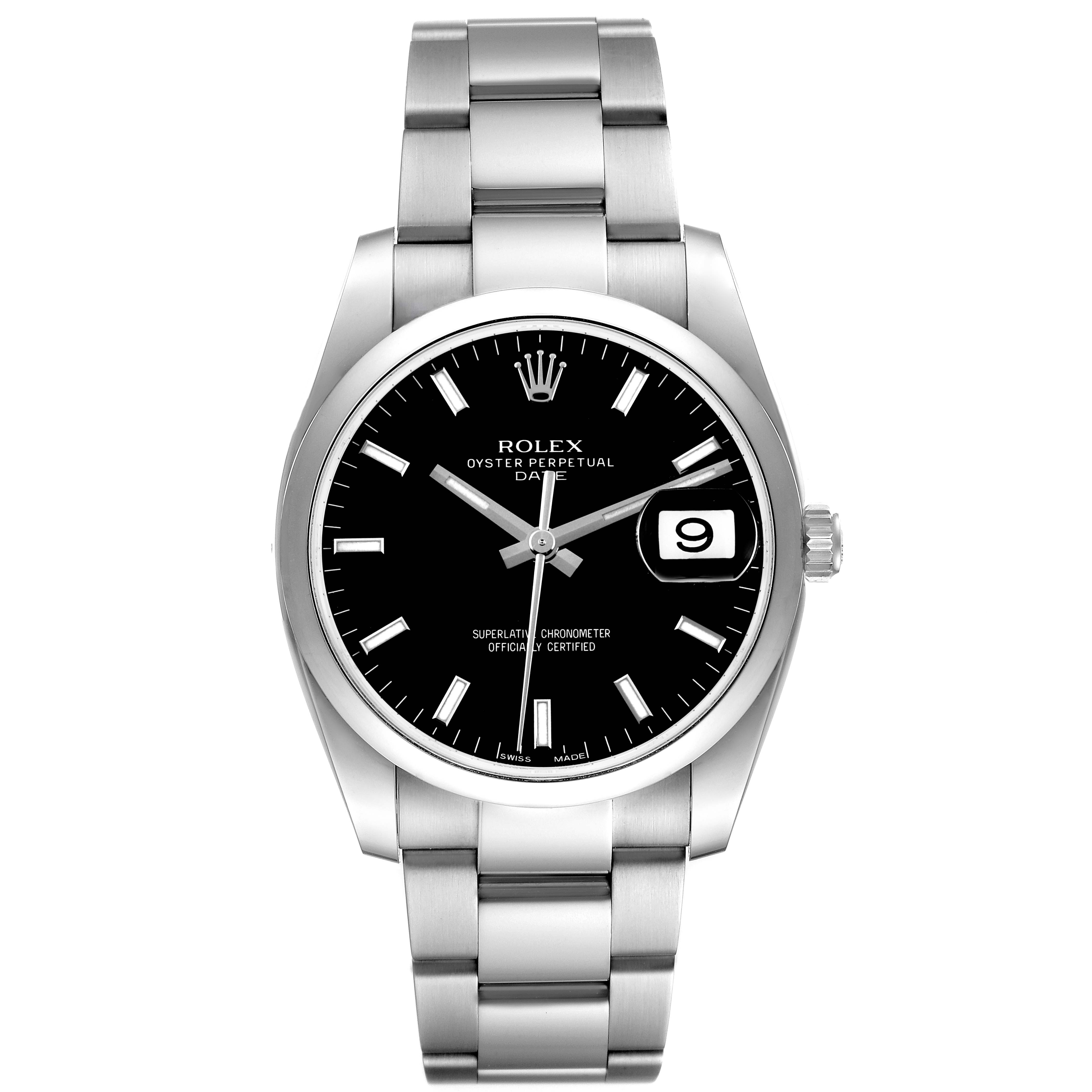 The Rolex Date 115200 Men's Stainless Steel Black Dial watch is shown from a front angle, displaying the dial, bezel, date window, and bracelet.