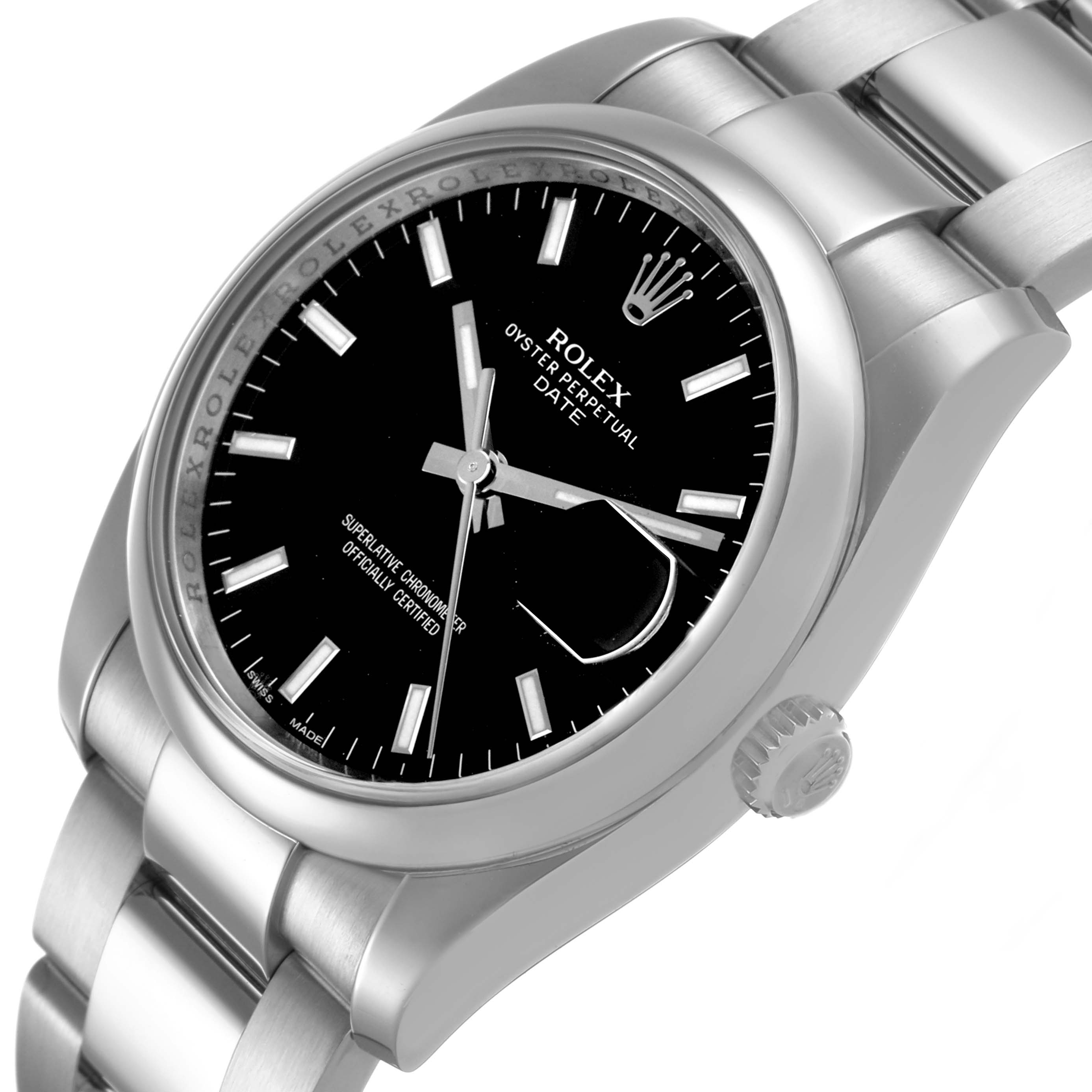 The Rolex Date 115200 Men's Stainless Steel Black Dial watch is shown at a slight angle, highlighting the black dial, crown, and part of the bracelet.