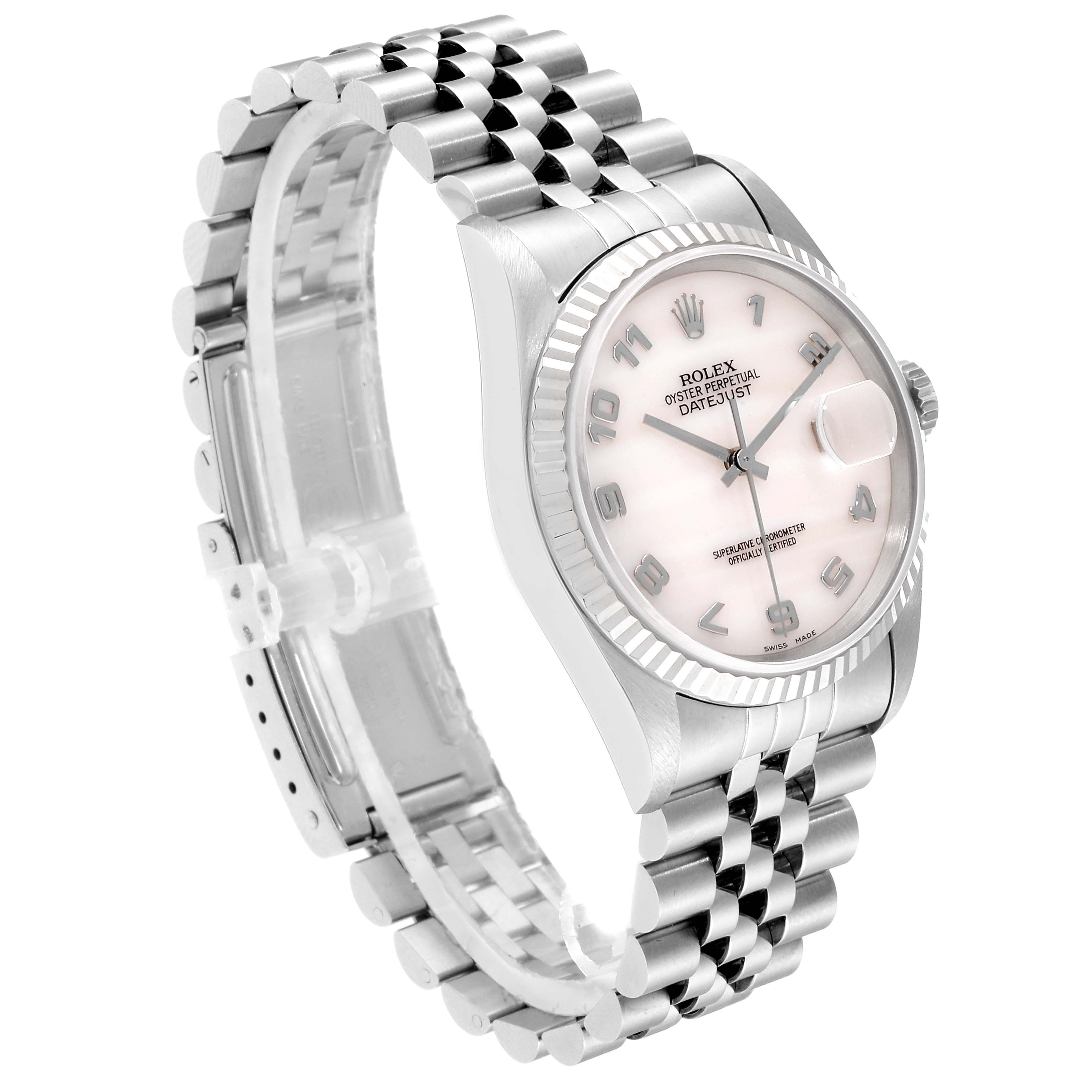 This image shows a Rolex Datejust 16234 Men
s Stainless Steel Mother of Pearl Dial 16234 Men
s Stainless Steel Mother of Pearl Dial watch angled from the front-left, highlighting its dial, bezel, case, and bracelet.