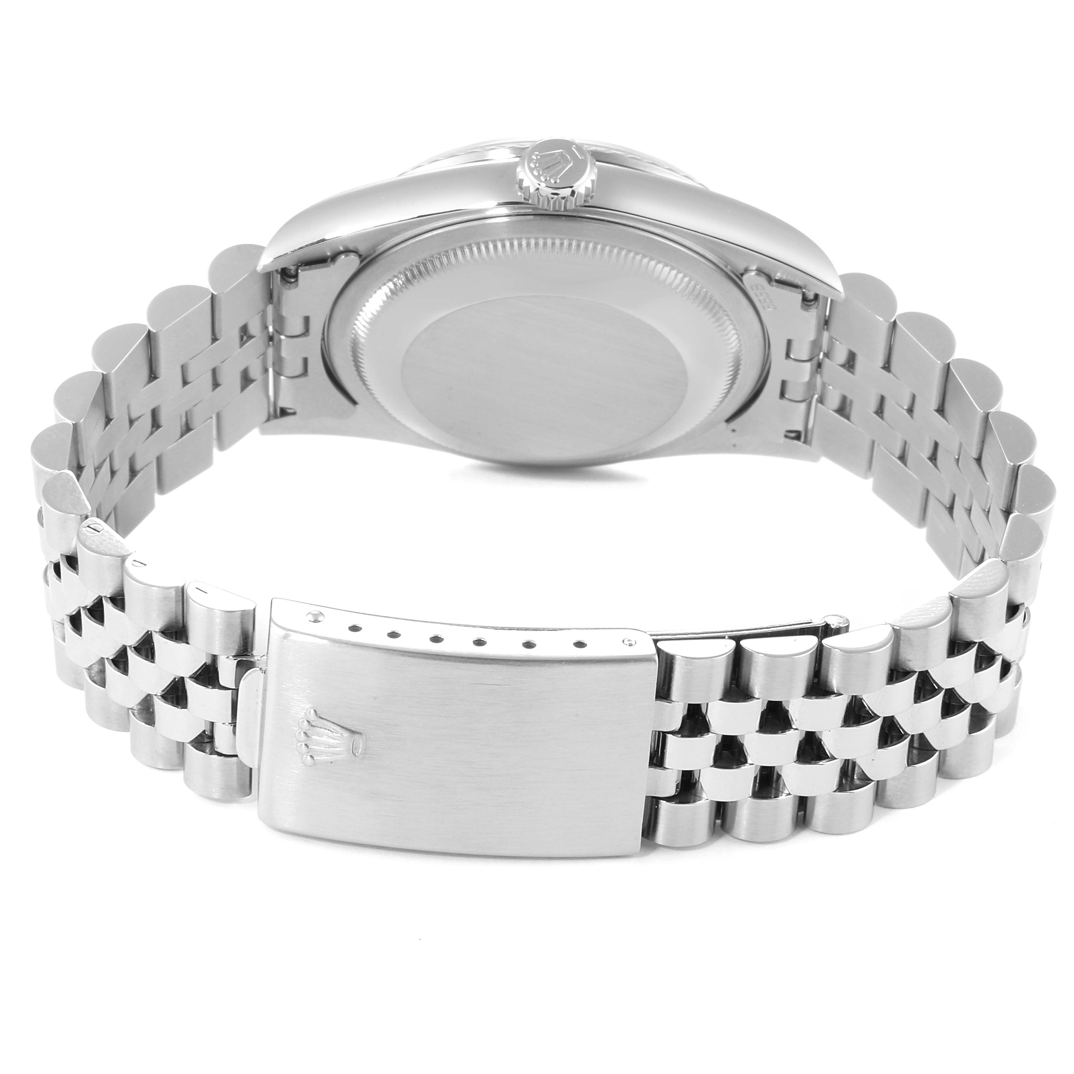 This image shows the back of a Rolex Datejust 16234 Men
s Stainless Steel Mother of Pearl Dial 16234 Men
s Stainless Steel Mother of Pearl Dial watch, highlighting its case back, crown, and Jubilee bracelet with clasp.