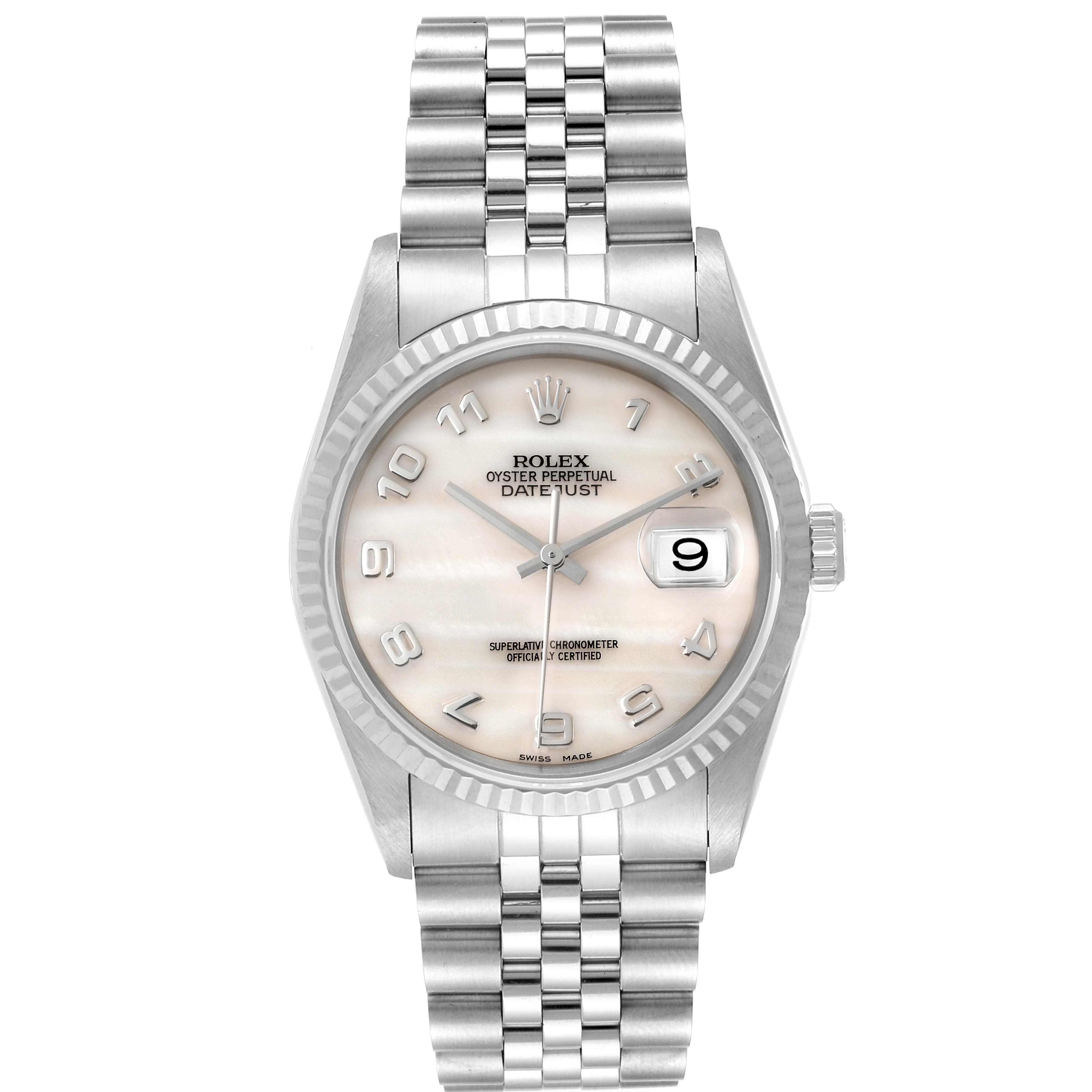 The image shows the front view of a Rolex Datejust 16234 Men
s Stainless Steel Mother of Pearl Dial 16234 Men
s Stainless Steel Mother of Pearl Dial watch, displaying the dial, bezel, crown, and metal bracelet.