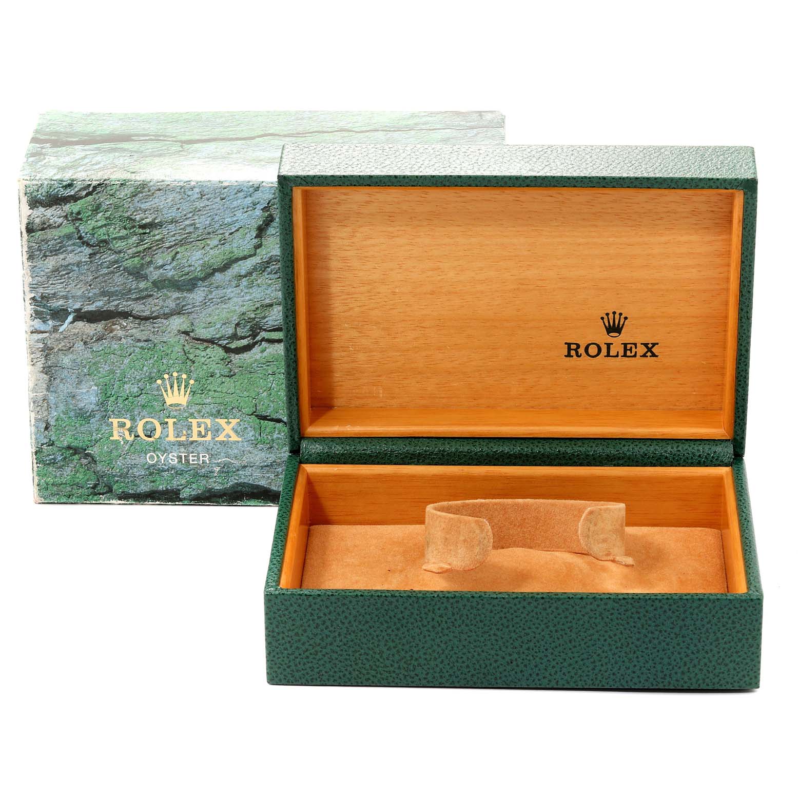 The image shows an open green and wooden Rolex Datejust 16234 Men
s Stainless Steel Mother of Pearl Dial 16234 Men
s Stainless Steel Mother of Pearl Dial watch box with the outer packaging in the background.