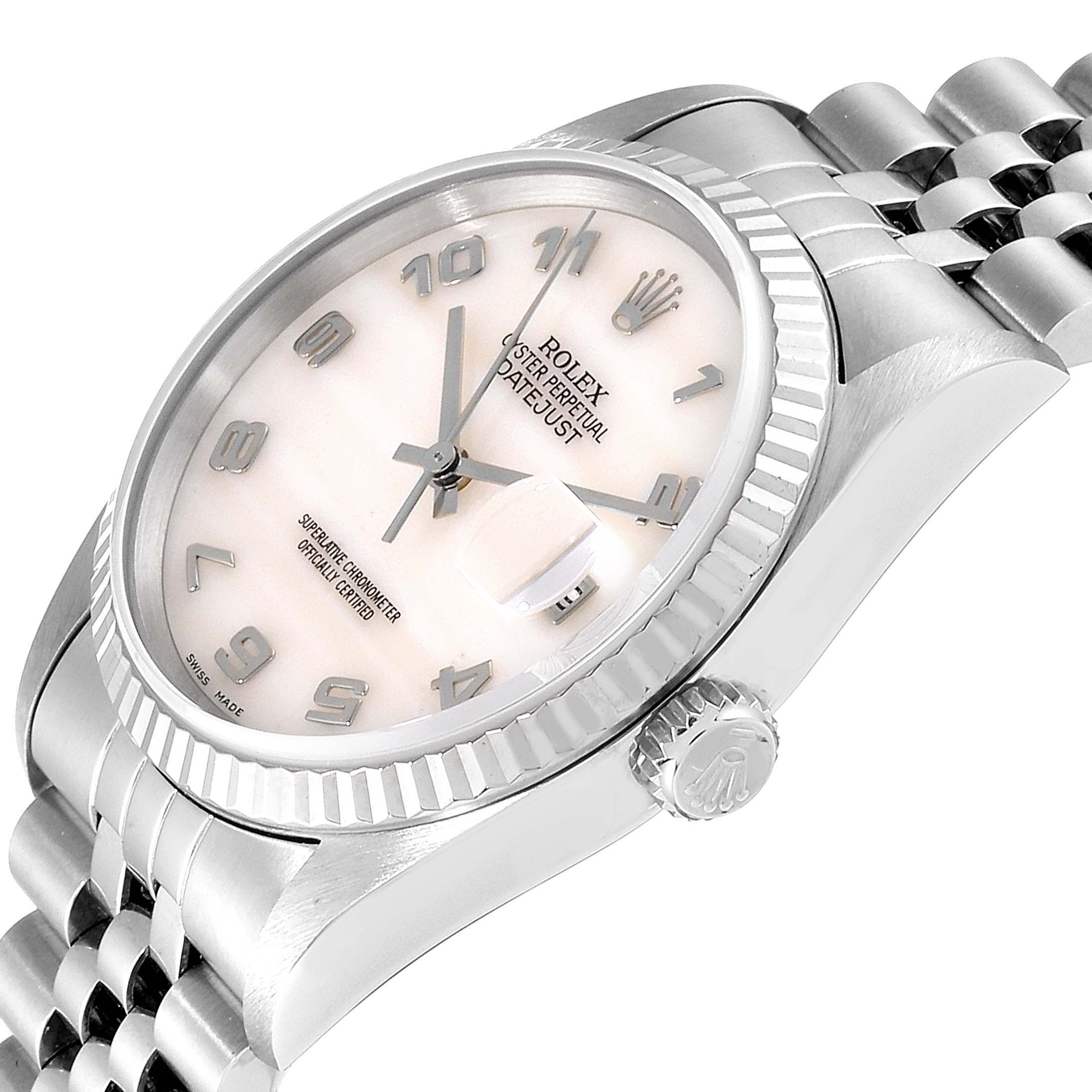 This image shows a Rolex Datejust 16234 Men
s Stainless Steel Mother of Pearl Dial 16234 Men
s Stainless Steel Mother of Pearl Dial watch at an oblique angle, highlighting the dial, case, bezel, and part of the bracelet.