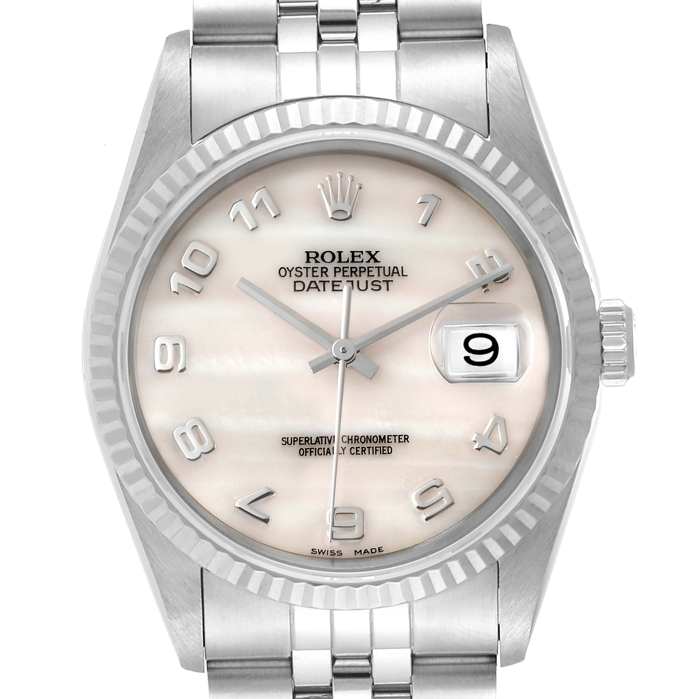 The image shows a close-up view of the Rolex Datejust 16234 Men
s Stainless Steel Mother of Pearl Dial 16234 Men
s Stainless Steel Mother of Pearl Dial watch face, bezel, and part of the bracelet.
