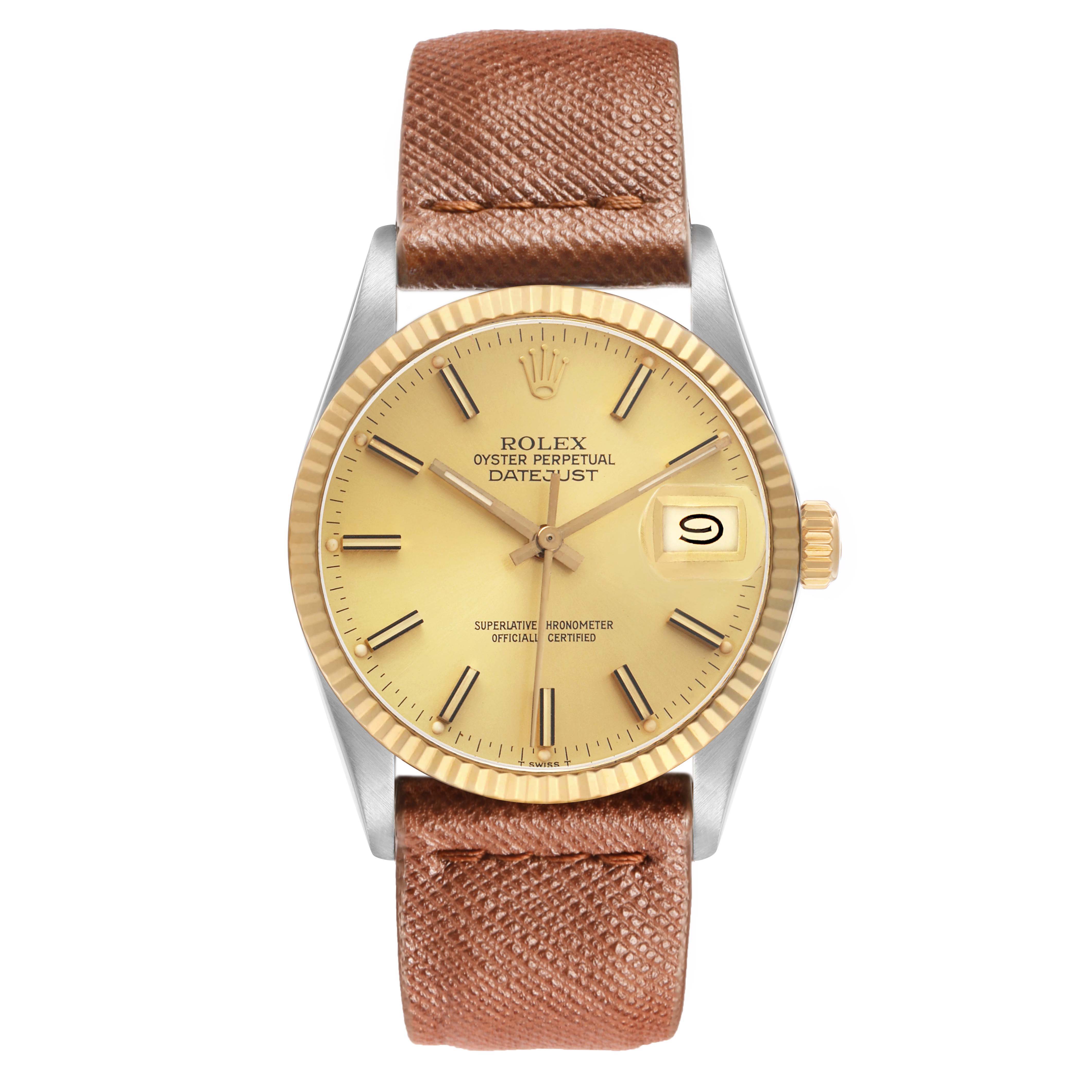 The Rolex Datejust 16013 Men's Steel and Gold (two tone) Champagne Dial watch is shown from the front, displaying its dial, case, bezel, and leather strap clearly.