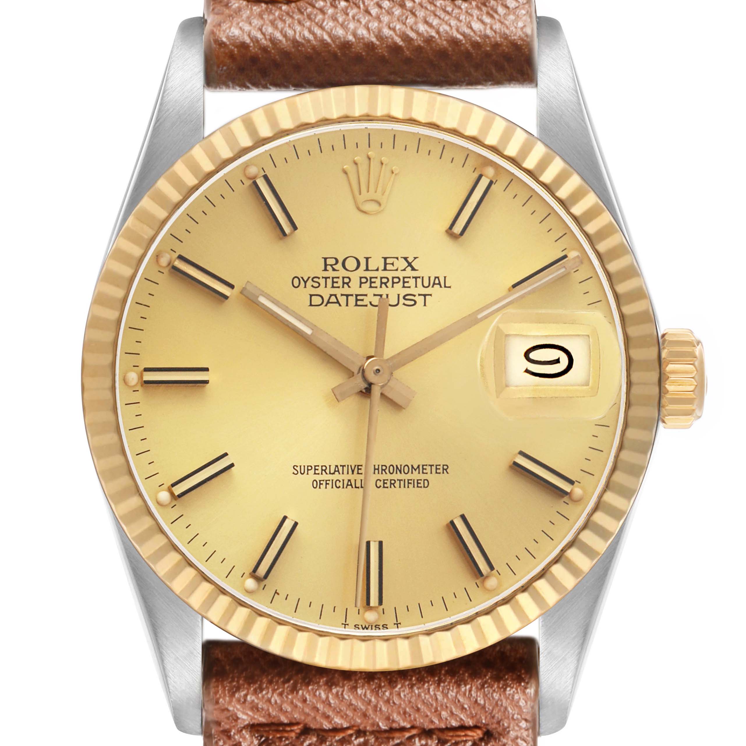 The Rolex Datejust 16013 Men's Steel and Gold (two tone) Champagne Dial watch is shown from a front angle, highlighting the dial, fluted bezel, crown, and leather strap.