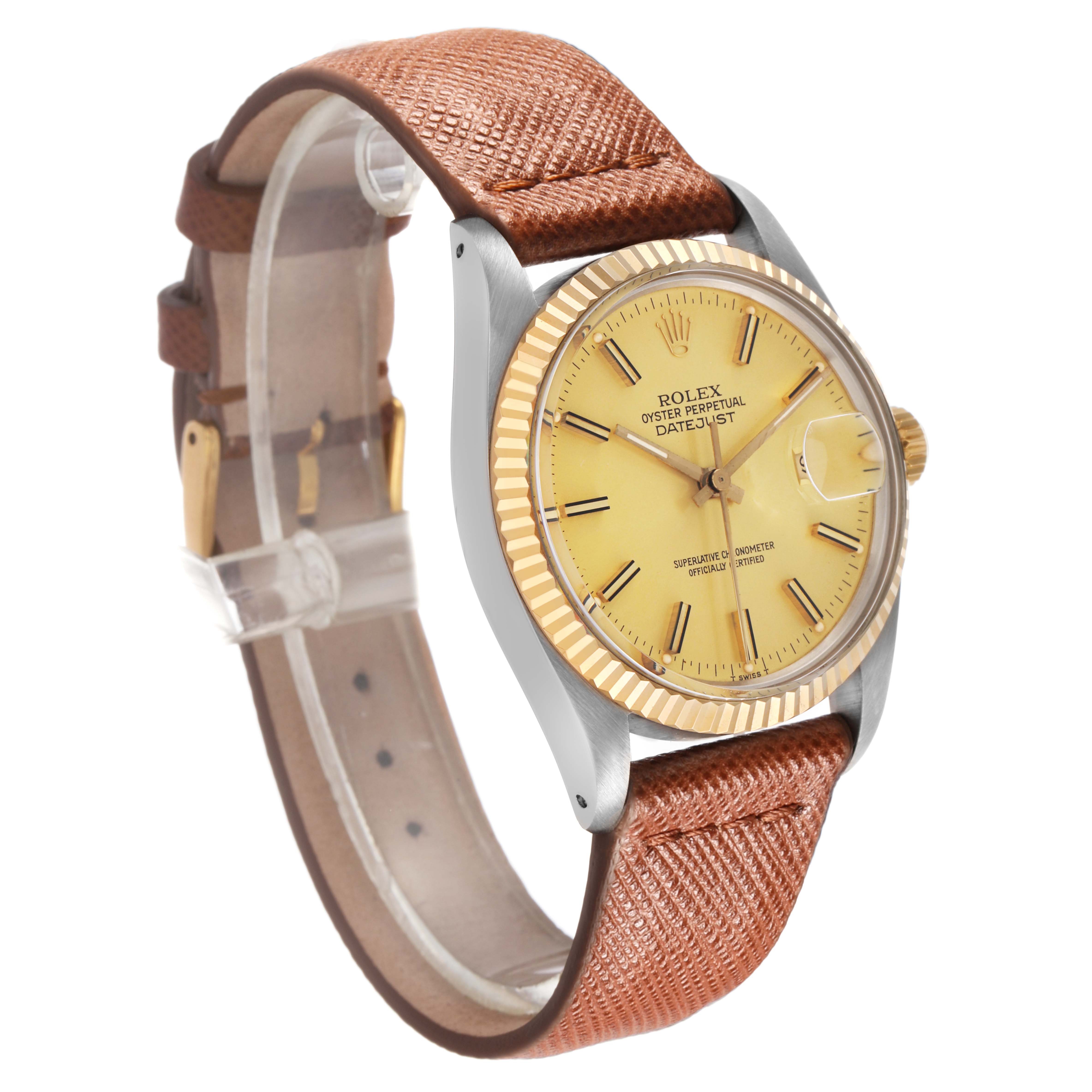 The Rolex Datejust 16013 Men's Steel and Gold (two tone) Champagne Dial watch is shown at an oblique angle, highlighting its dial, bezel, case, and leather strap.