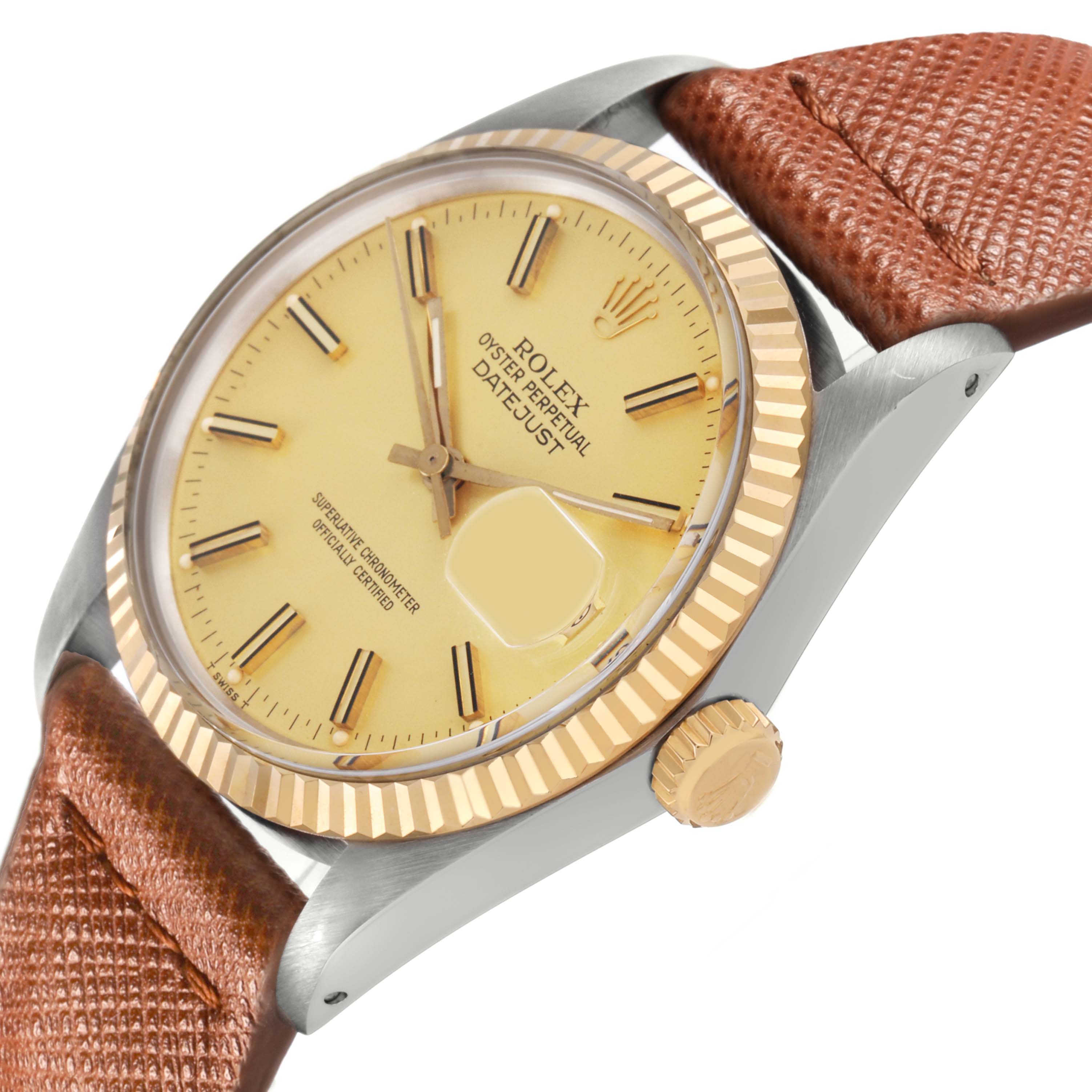 The image shows a Rolex Datejust 16013 Men's Steel and Gold (two tone) Champagne Dial watch at an angled view, highlighting the gold bezel, dial, and leather strap.