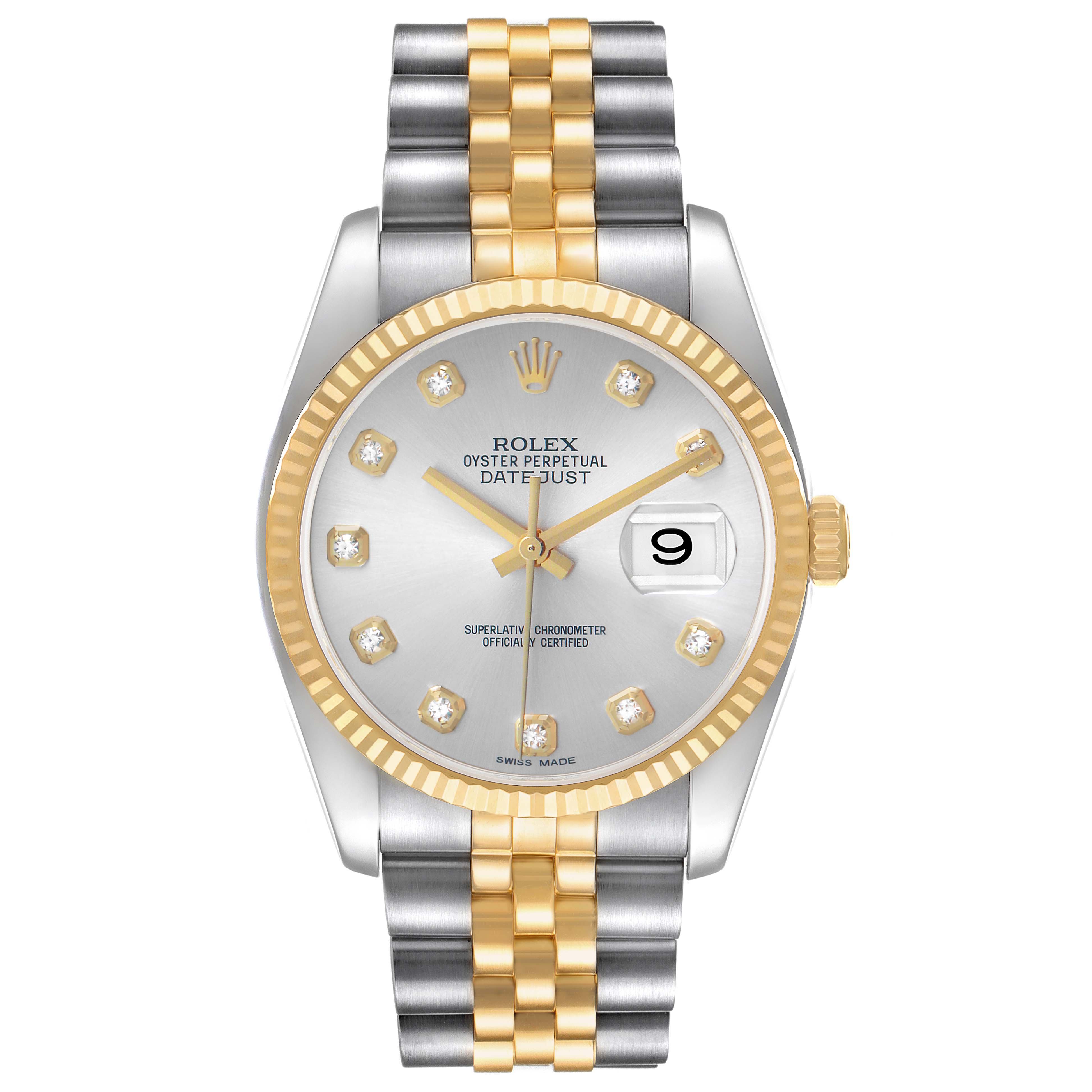 The Rolex Datejust 116233 Men's Steel and Gold (two tone) Silver Dial watch is shown from a front angle, highlighting its silver dial, gold bezel, and two-tone jubilee bracelet.