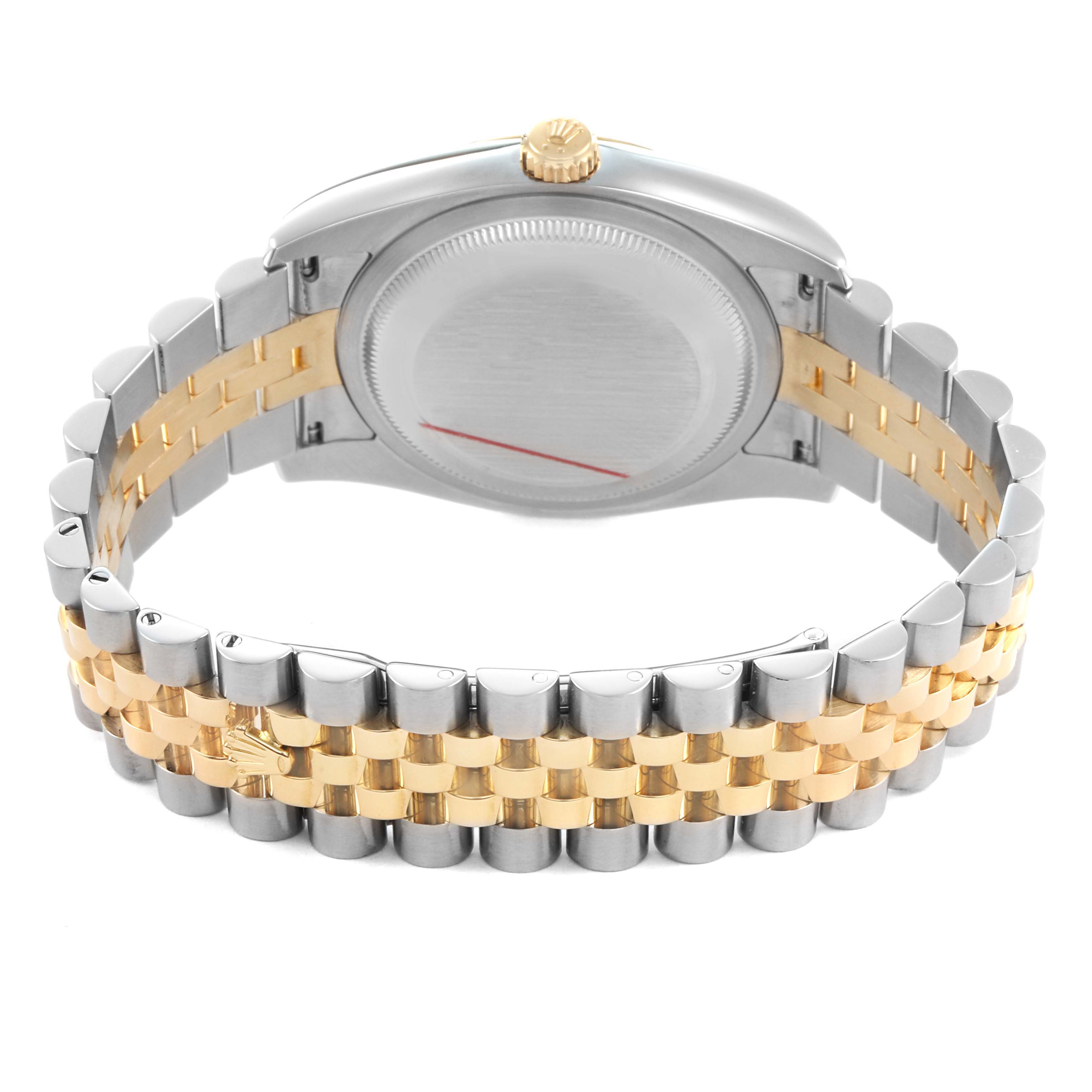 The image shows the back side of a Rolex Datejust 116233 Men's Steel and Gold (two tone) Silver Dial watch, highlighting the two-tone bracelet and case back.